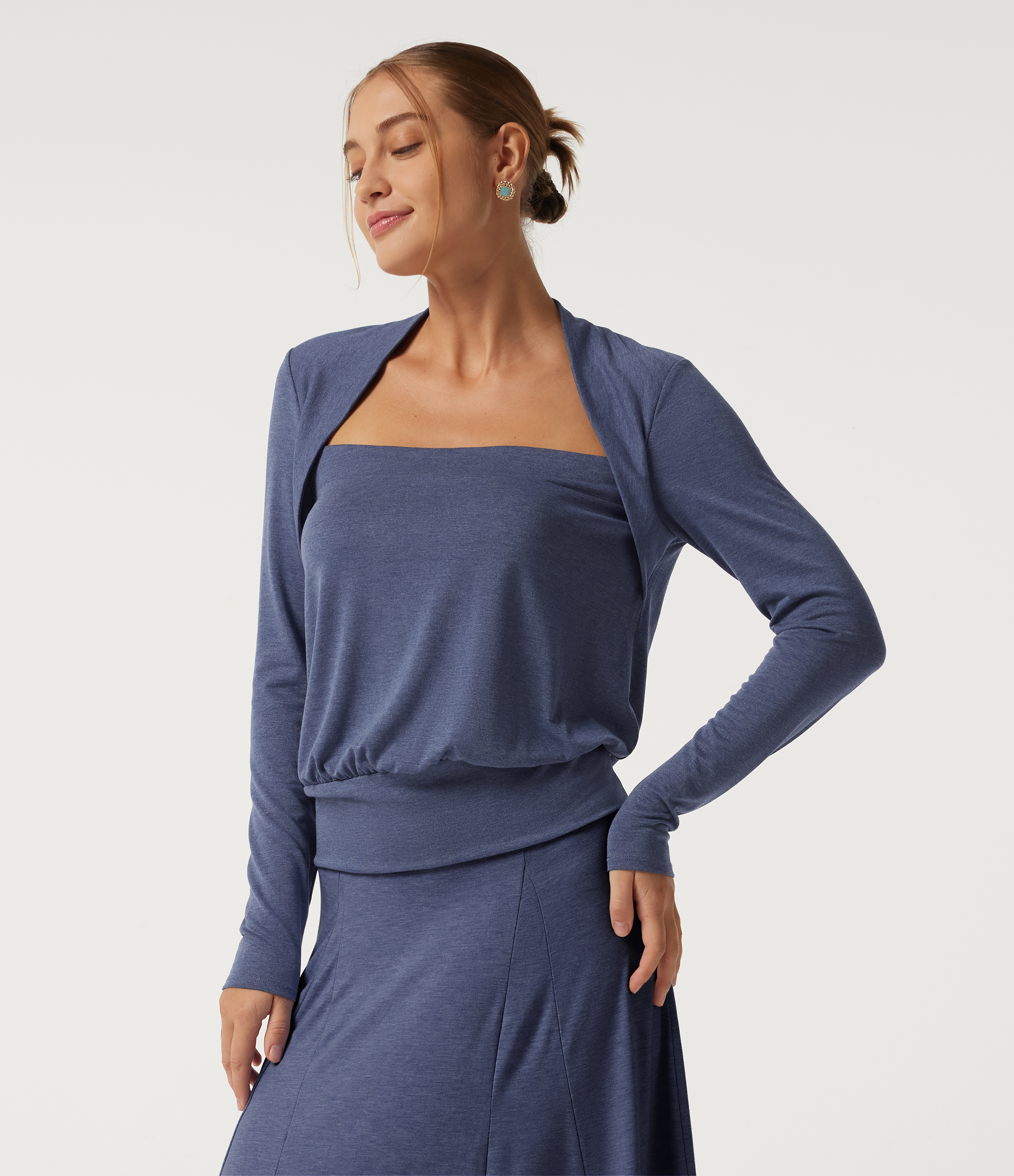 Square Neck Long Sleeve Heathered Casual Top