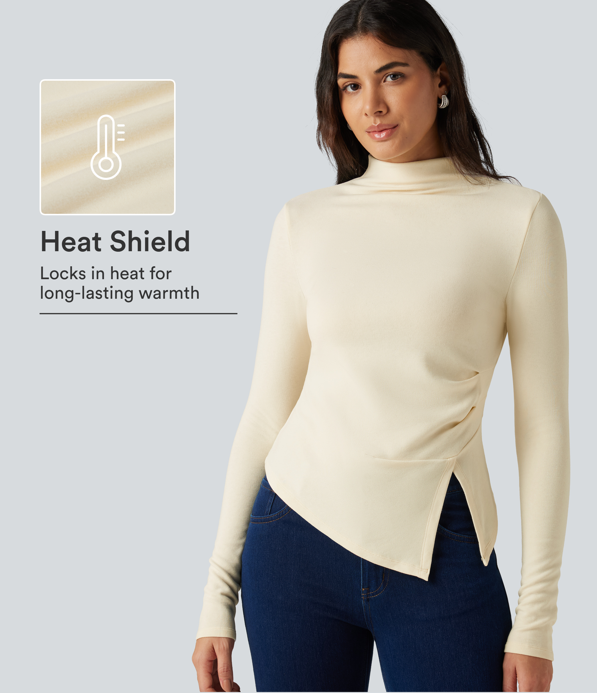 Mock Neck Long Sleeve Asymmetric Hem Thermal Casual T-Shirt