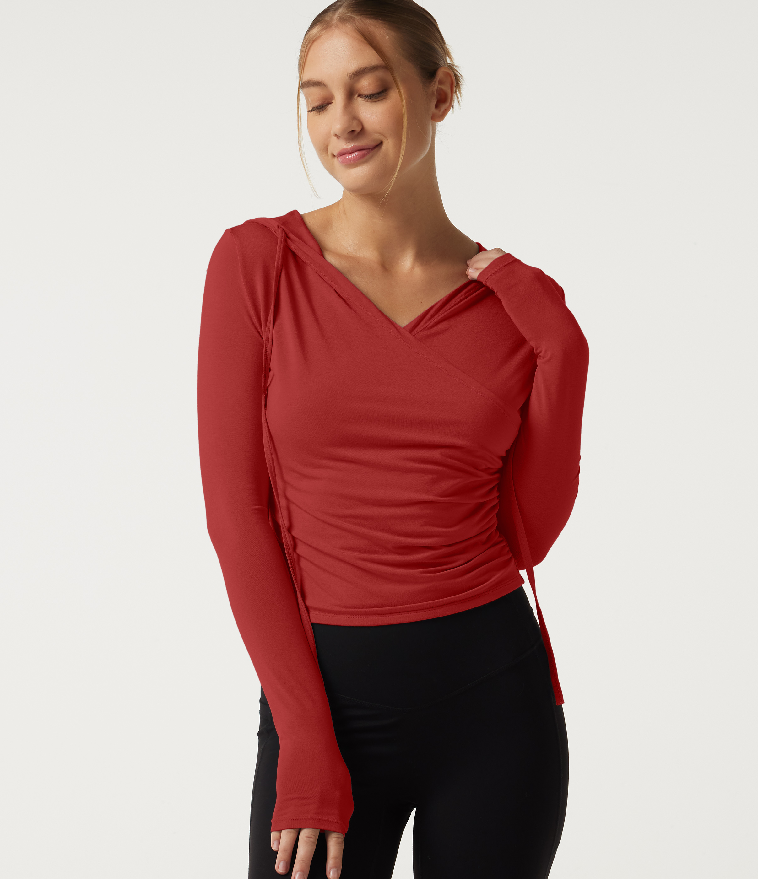 Hooded Long Sleeve Crossover Ruched Yoga Sweatshirt