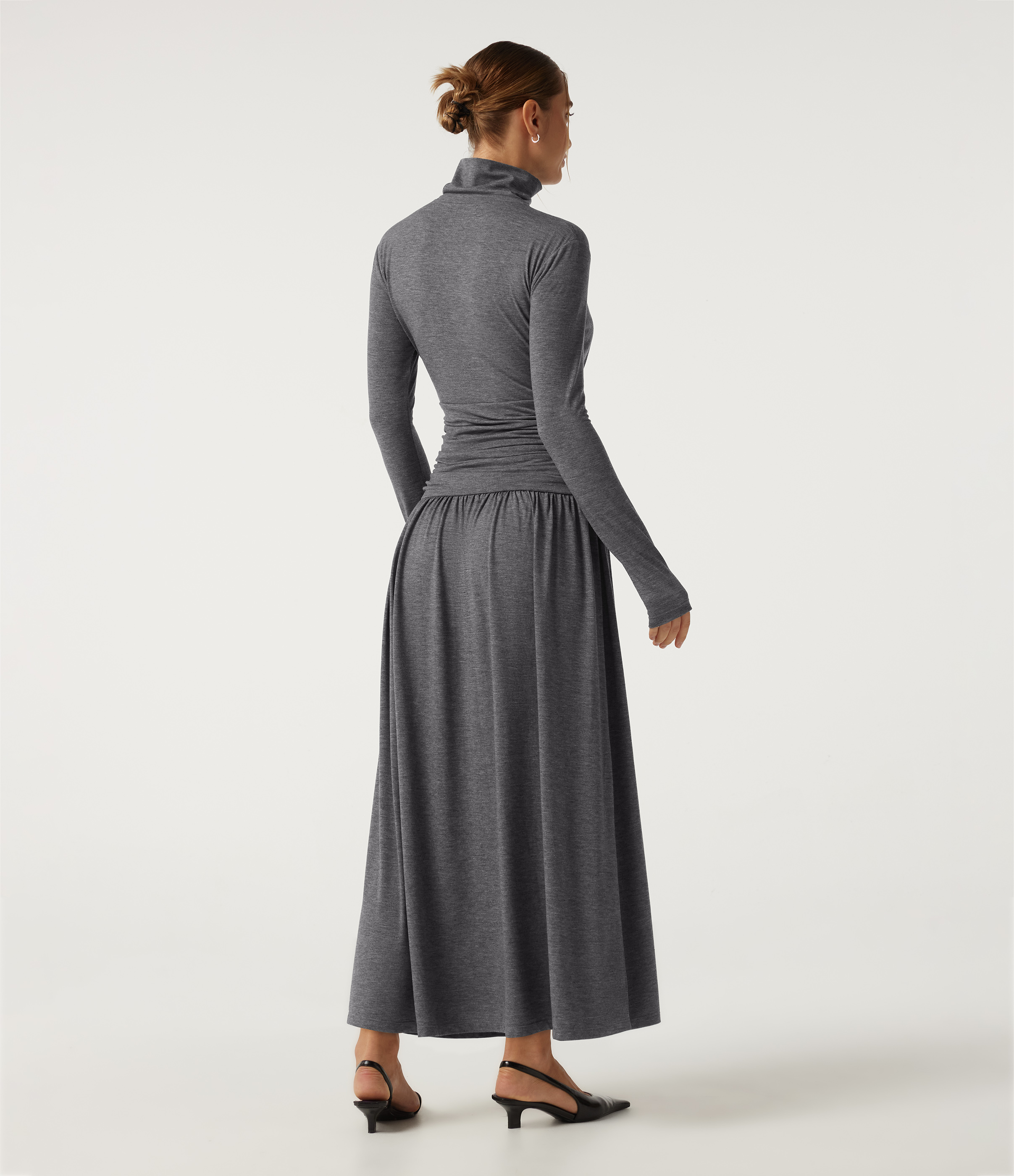 Darl Gray Floral Yarn Polo Long Sleeve Thumb Hole Ruched A-Line Casual Maxi Dress / 2