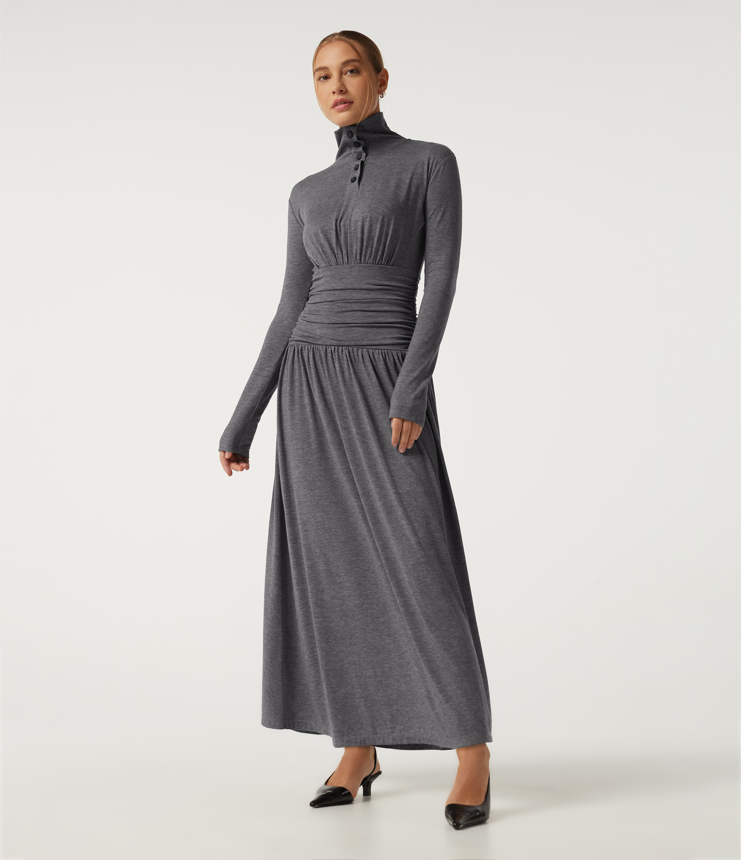 Polo Long Sleeve Thumb Hole Ruched A-Line Casual Maxi Dress
