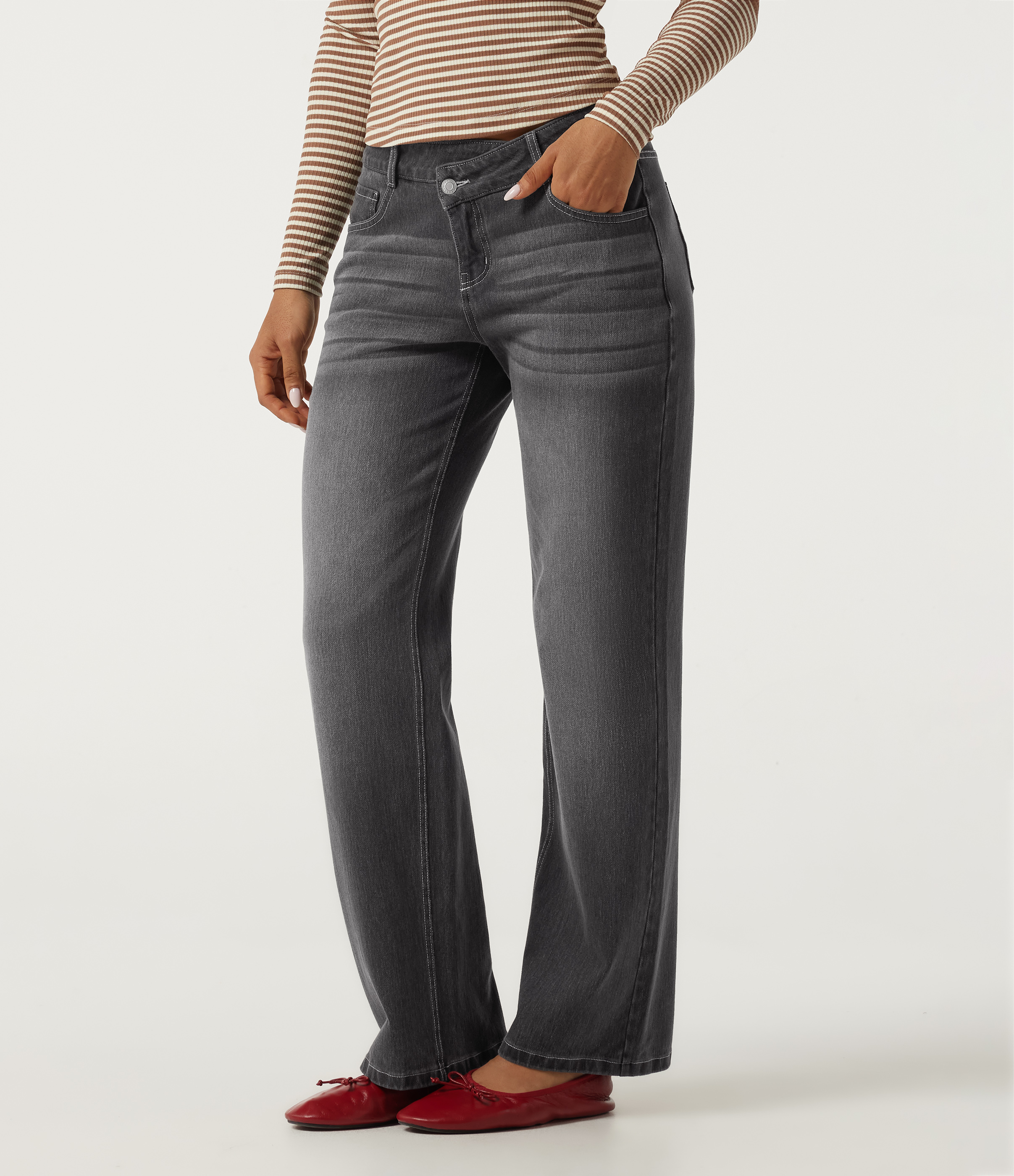 Cool Gray Denim Halara Flex™ Asymmetric Low Rise Straight Leg Casual Jeans with Pockets / 1