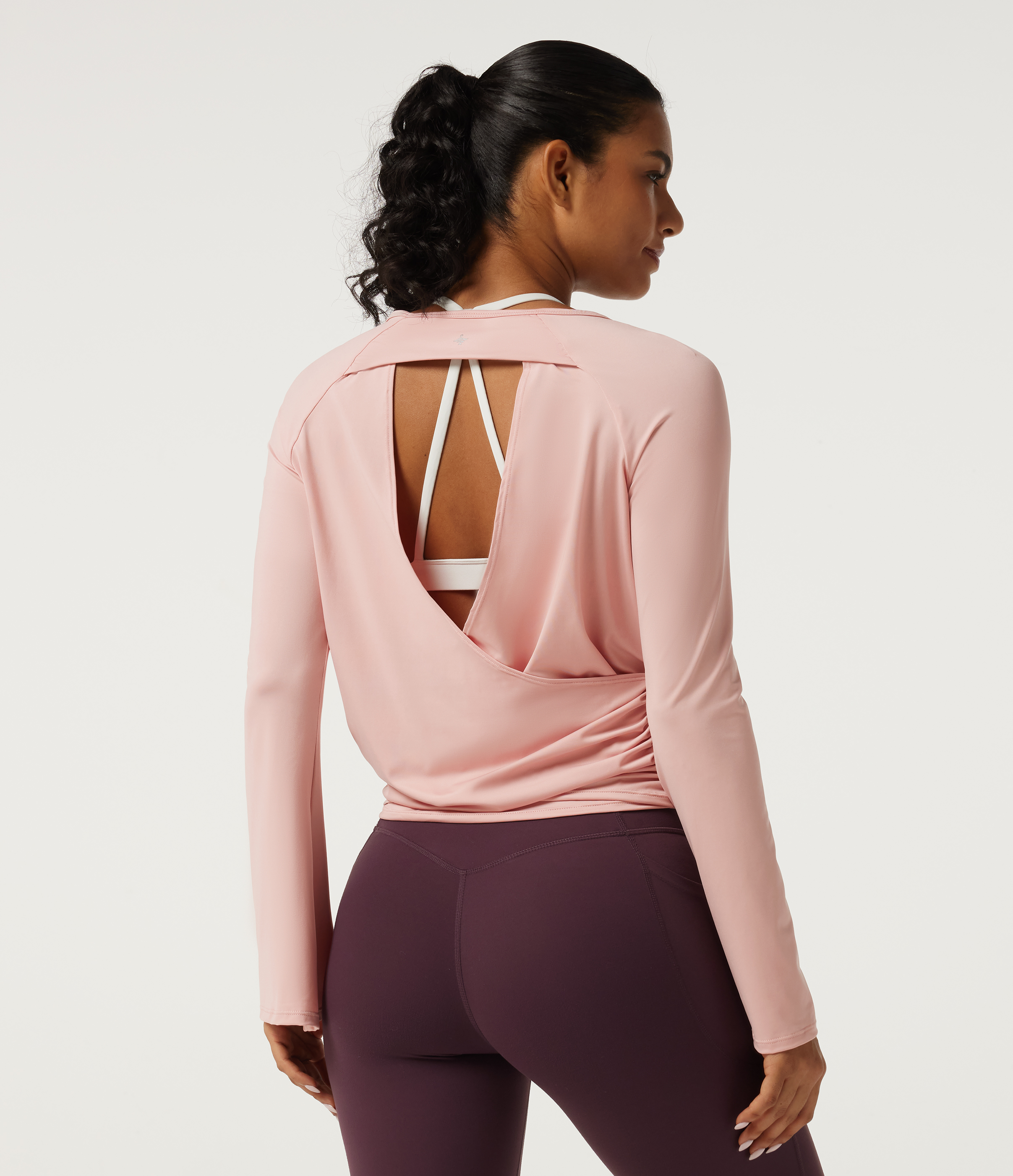Peach Whip Round Neck Flounce Long Sleeve Ruched Yoga Sports Top / 2
