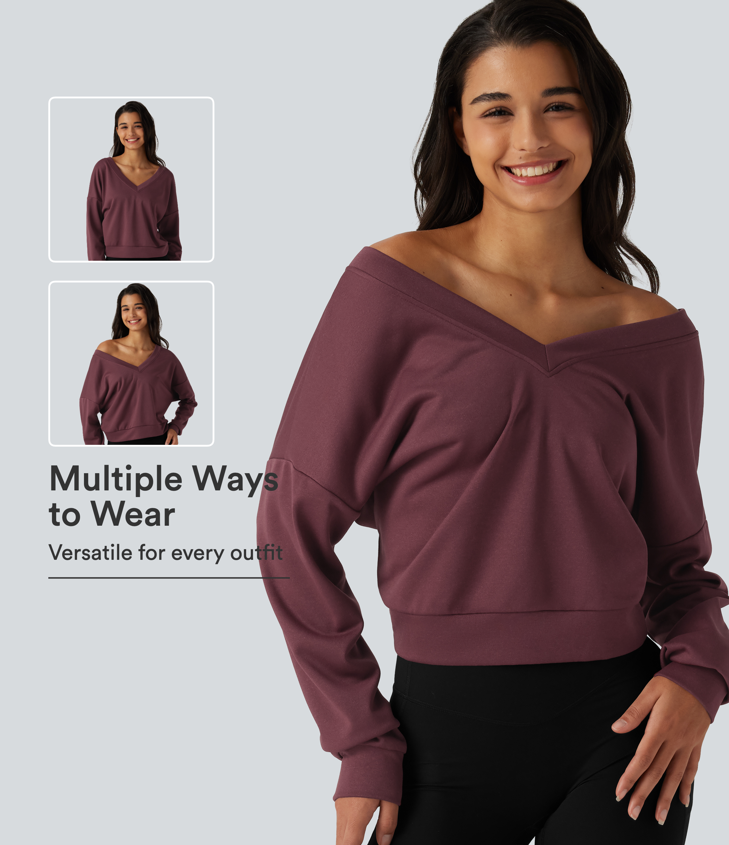 V Neck Long Sleeve Boxy Lounging Sweatshirt