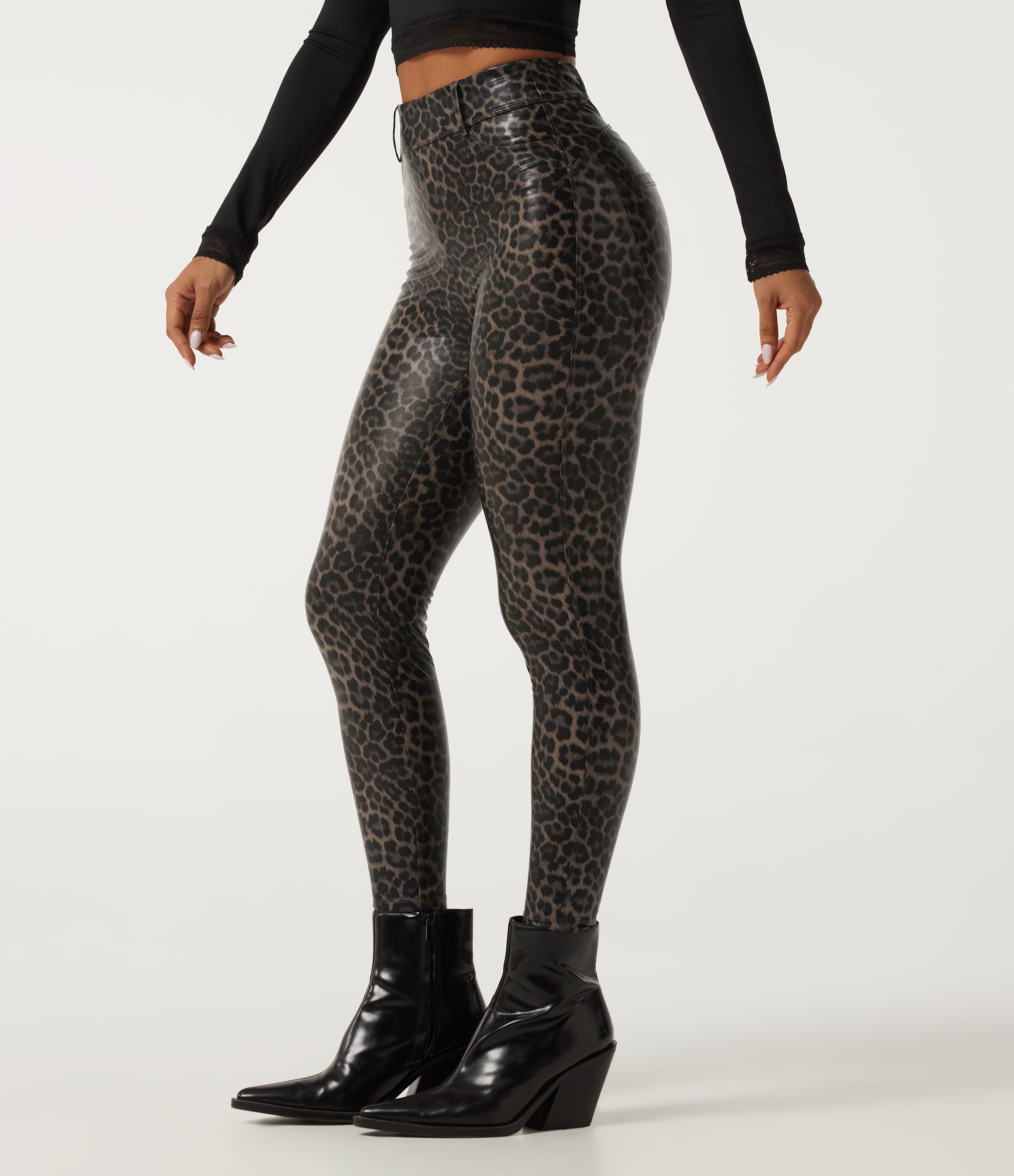 High Waisted Stretchy PU Leopard Print Casual Leggings with Pockets