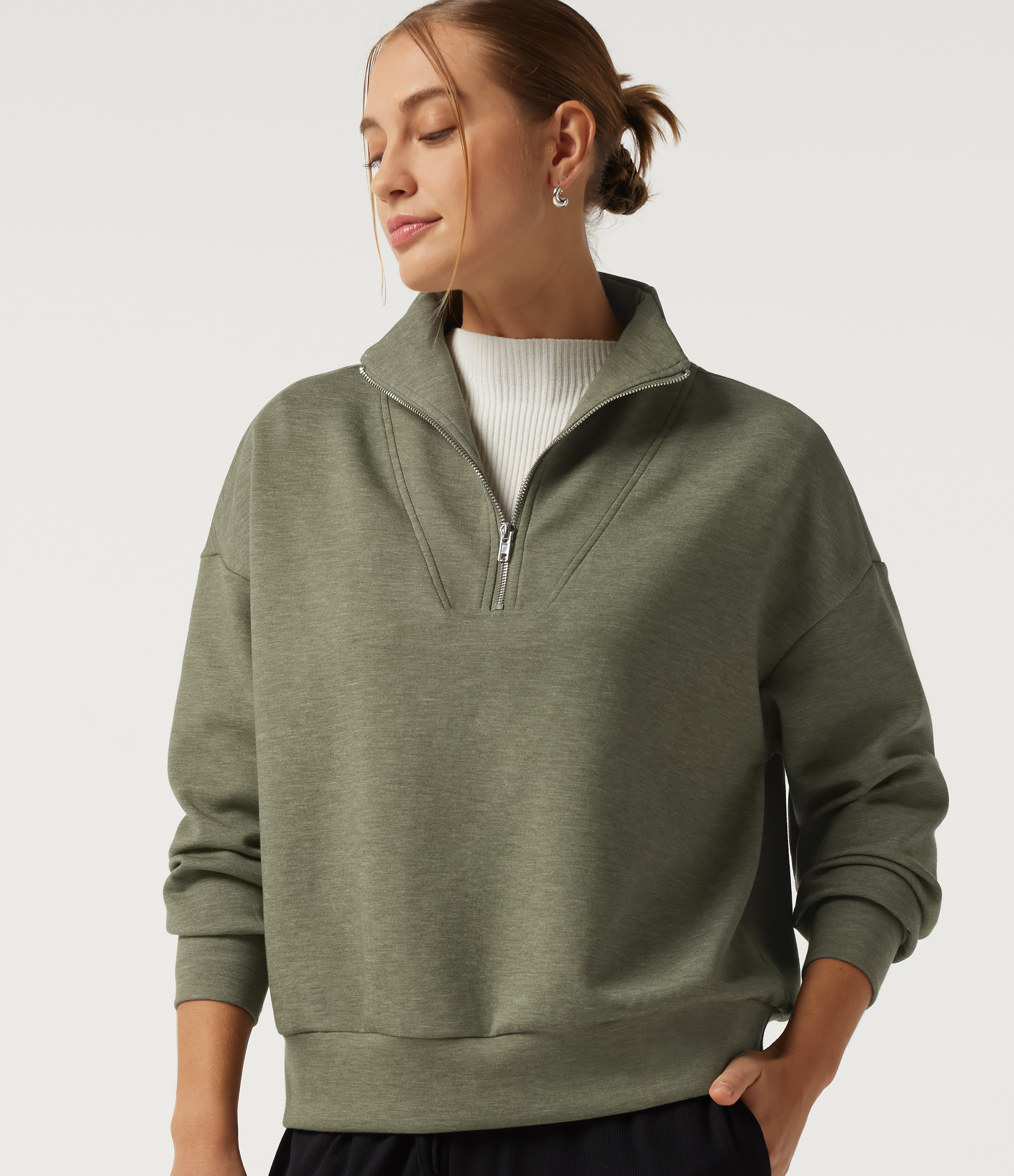 Mock Neck Dropped Half Zip Long Sleeve Casual Sweatshirt