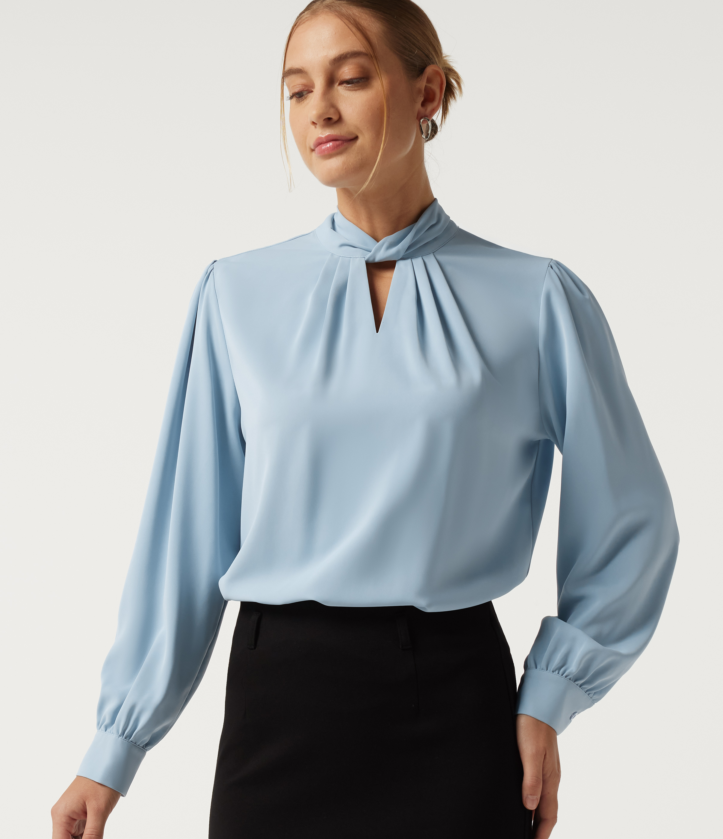 Mock Neck Tie Back Long Sleeve Work Blouse
