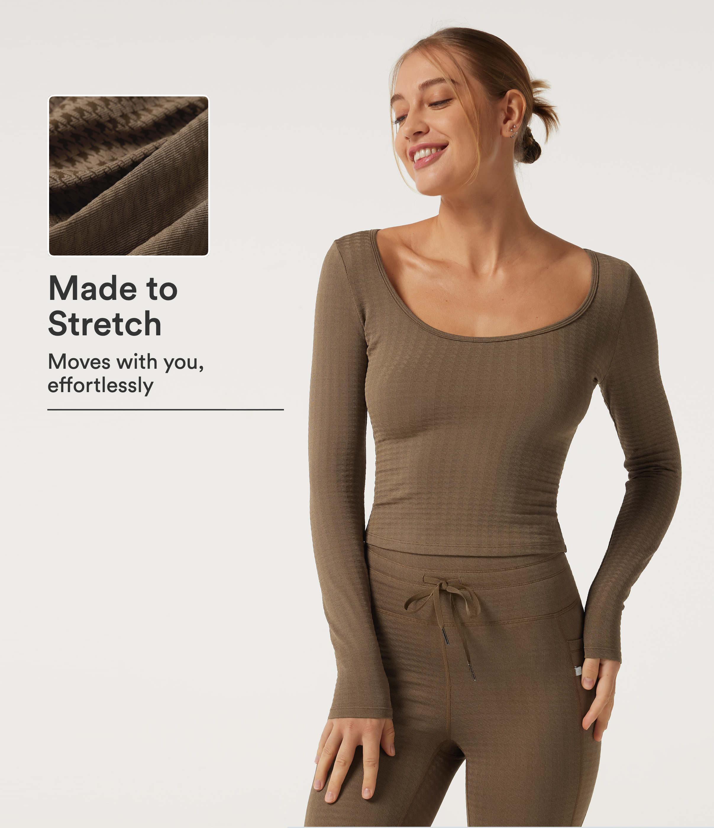 Scoop Neck Long Sleeve Houndstooth Yoga Sports Top