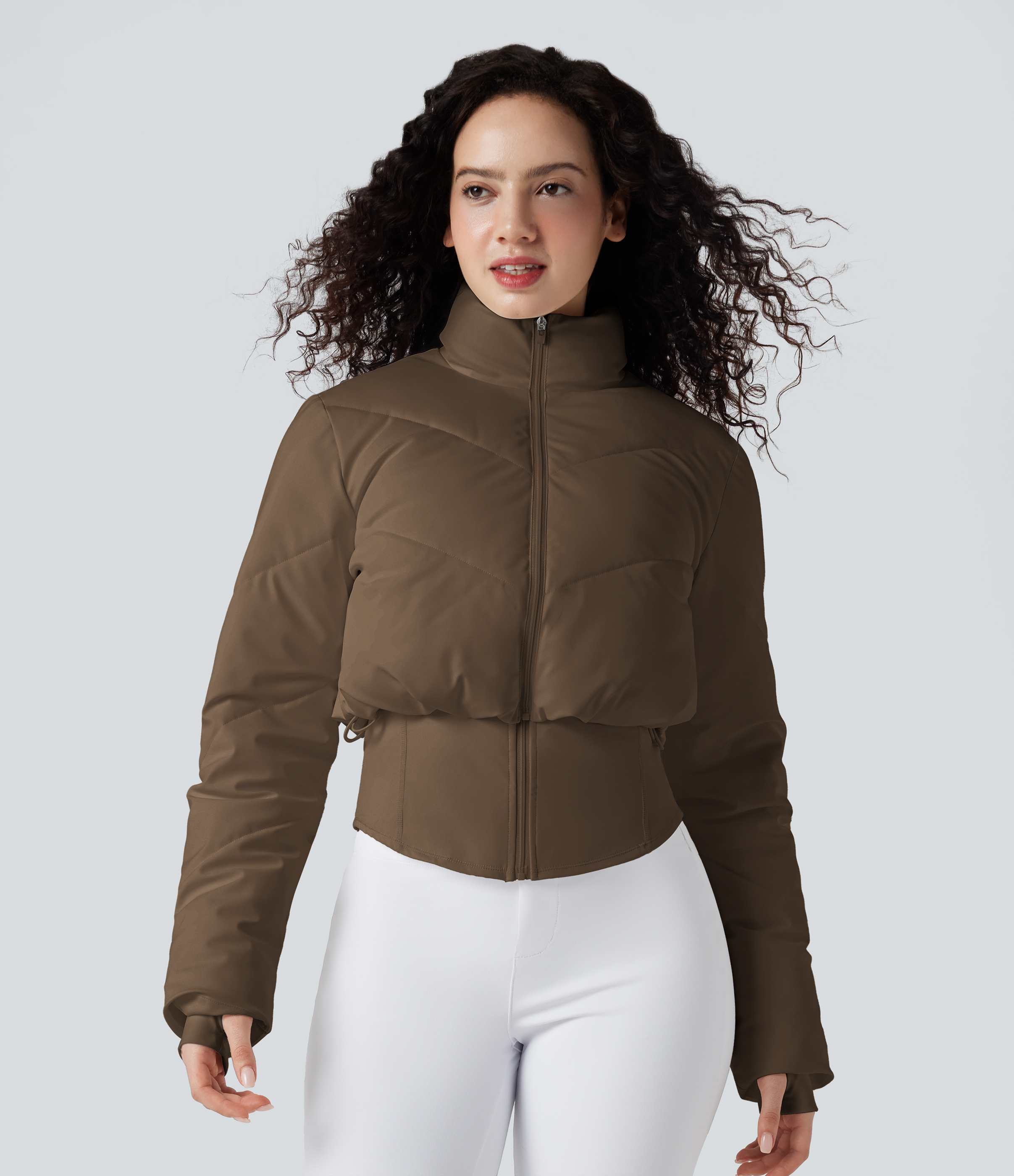 PuffFlex 3-in-1 Stand Collar Casual Cropped Puffer Coat & Thumb Holes Curved Hem Jacket with Pocket