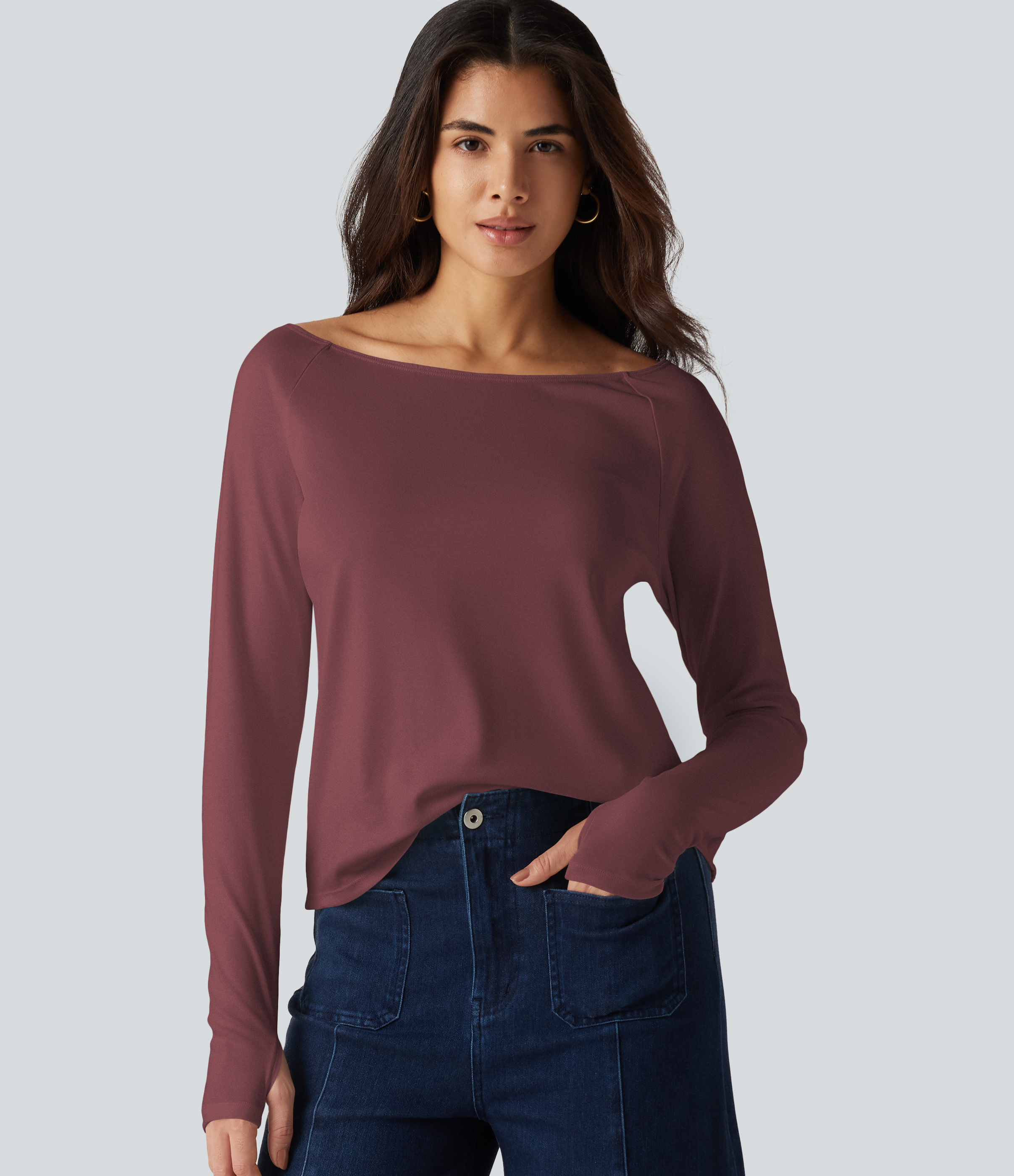 T-shirt en coton Pima à encolure bateau, manches longues et passe-pouces