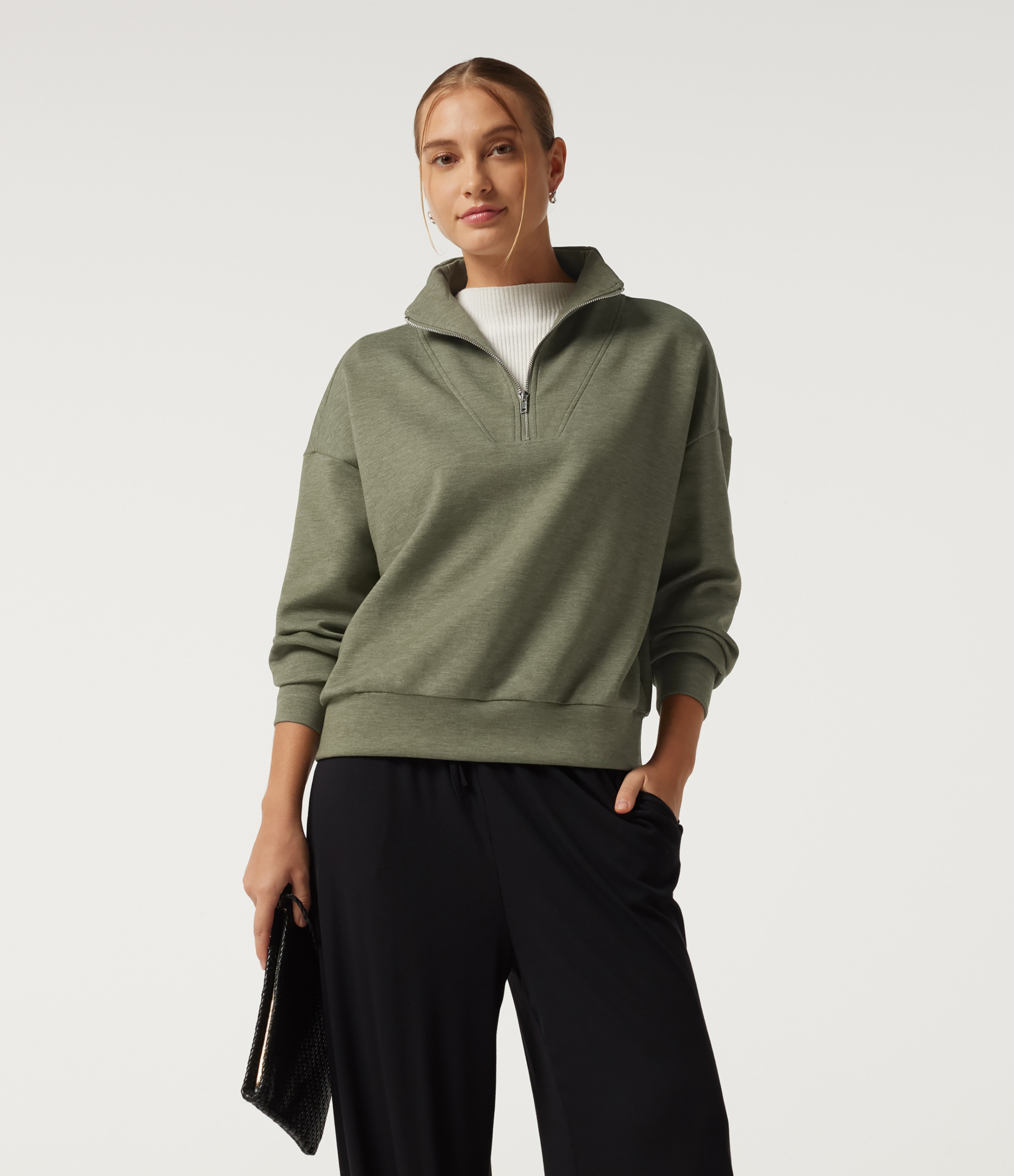 Mock Neck Dropped Half Zip Long Sleeve Casual Sweatshirt