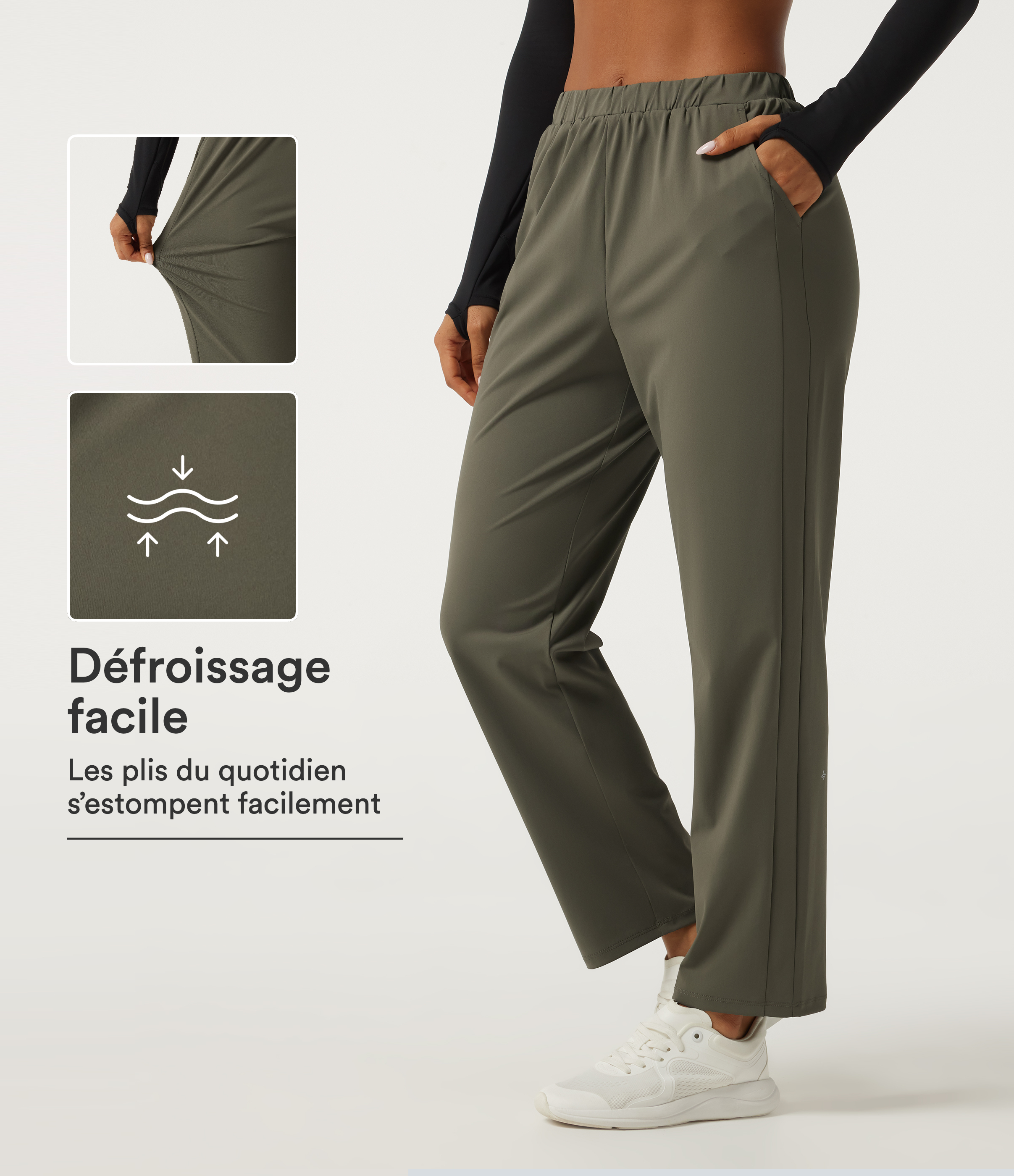 Jogging taille mi-haute à séchage rapide avec poches et défroissage facile