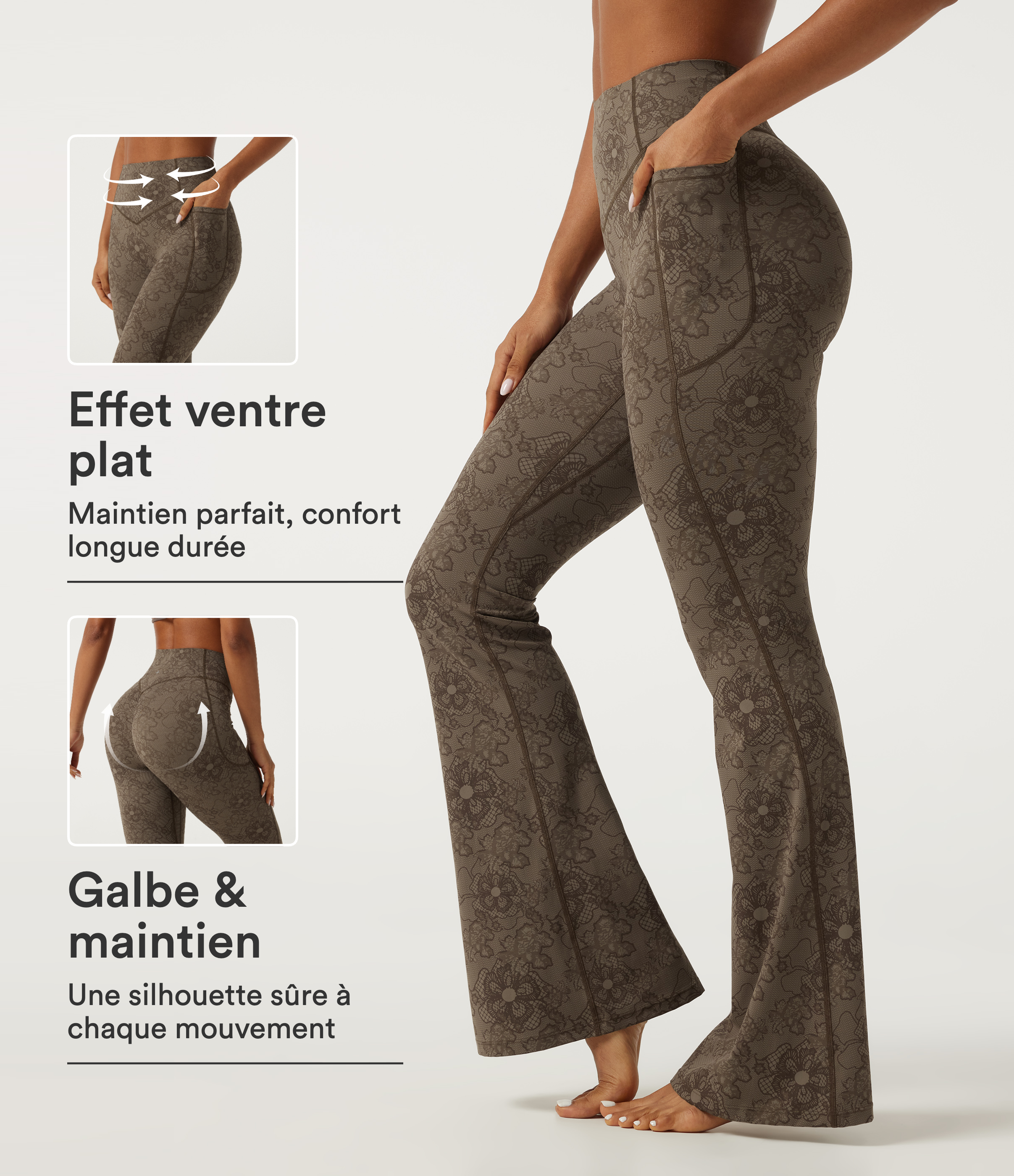 Cedarwood Lace Legging de yoga flare Halara UltraSculpt™ taille haute gainant, effet liftant fessiers, dentelle contrastée et poches / 1