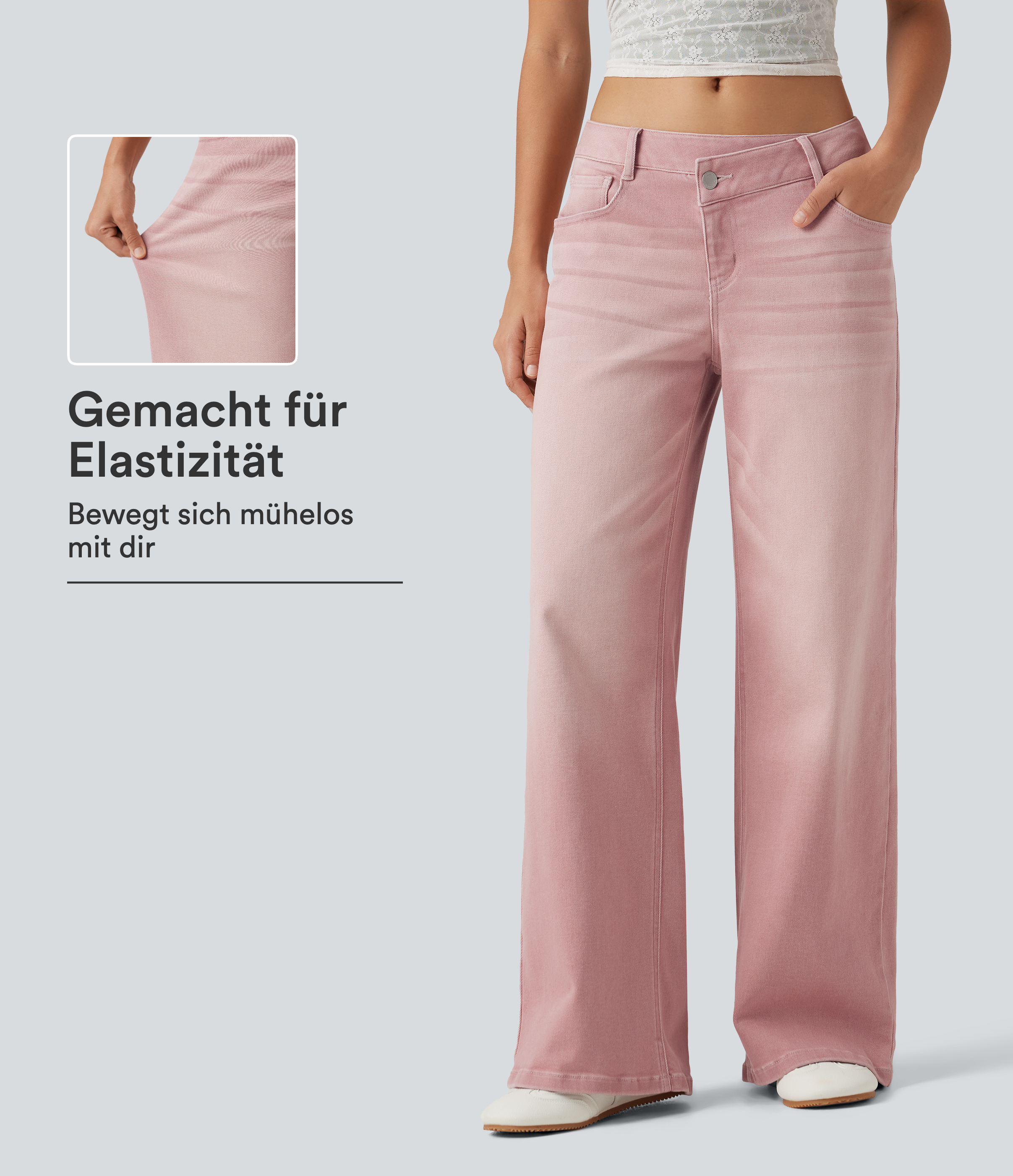 Lässige Jeans mit niedrigem Crossover-Bund, mehreren Taschen und weitem Bein