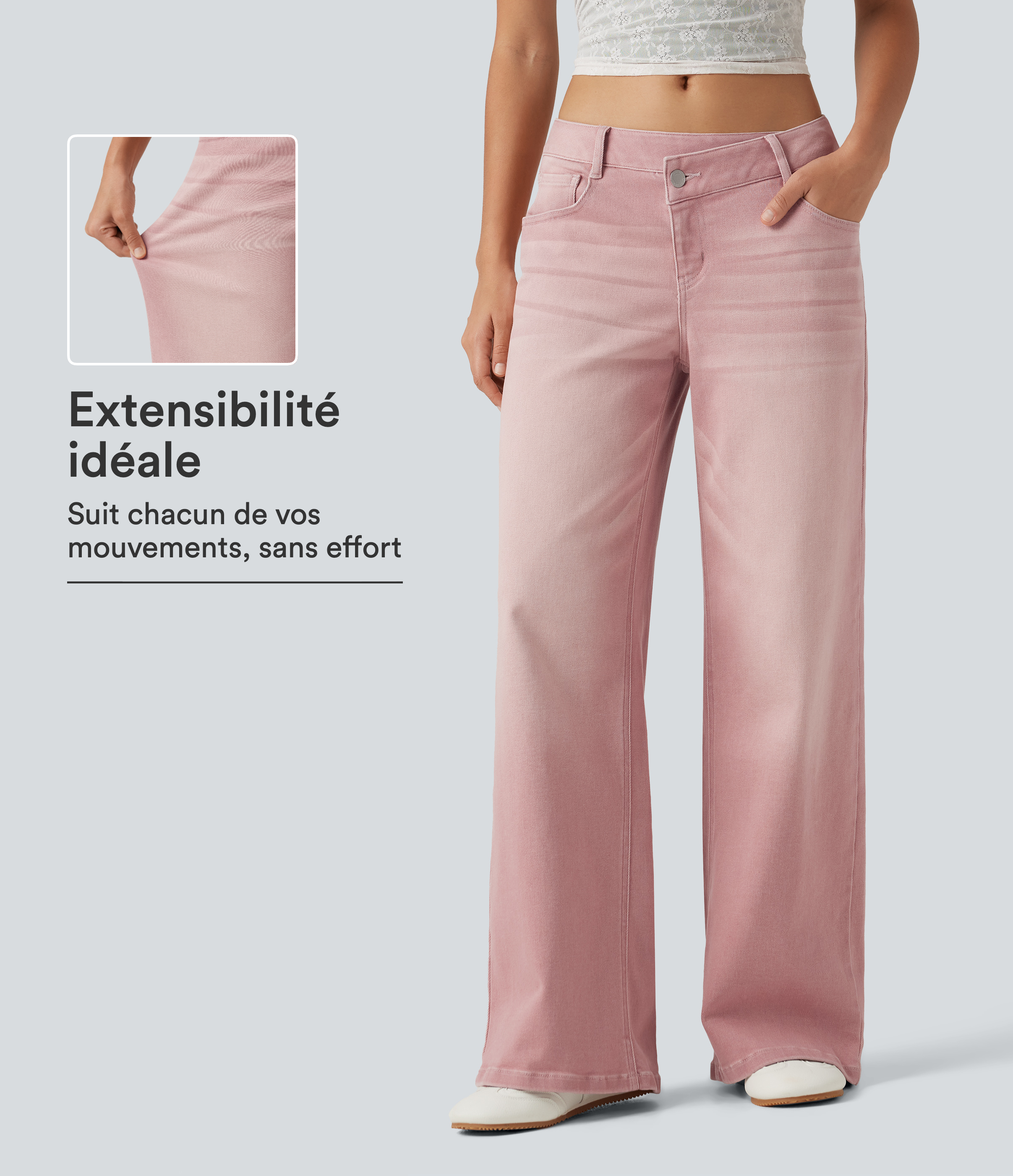 Jean coloré taille basse asymétrique coupe large avec poches