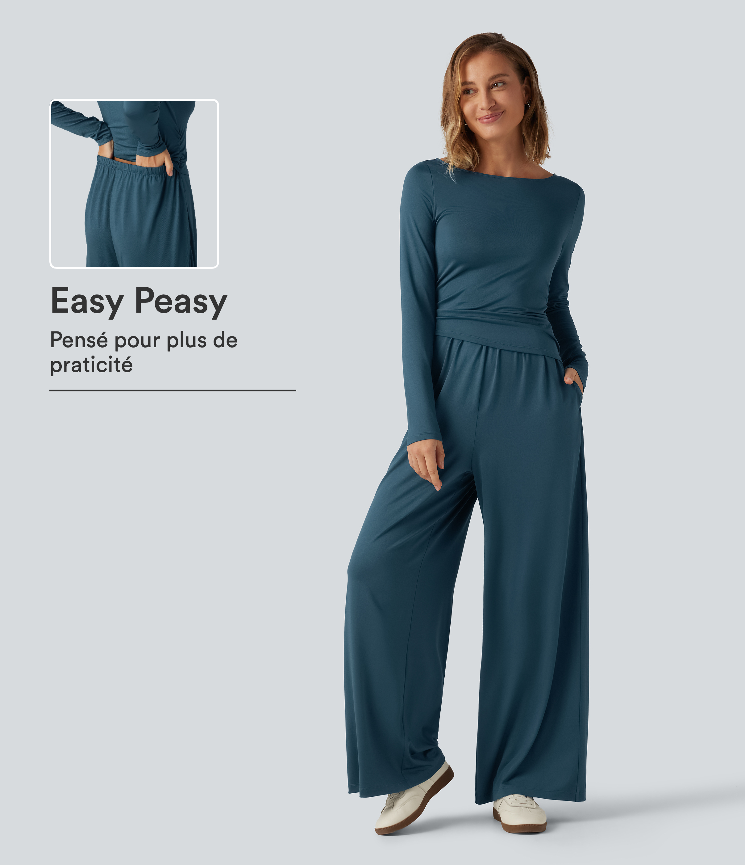 Combinaison accès facile Easy Peasy à encolure bateau, manches longues, coupe large et fronces avec poches