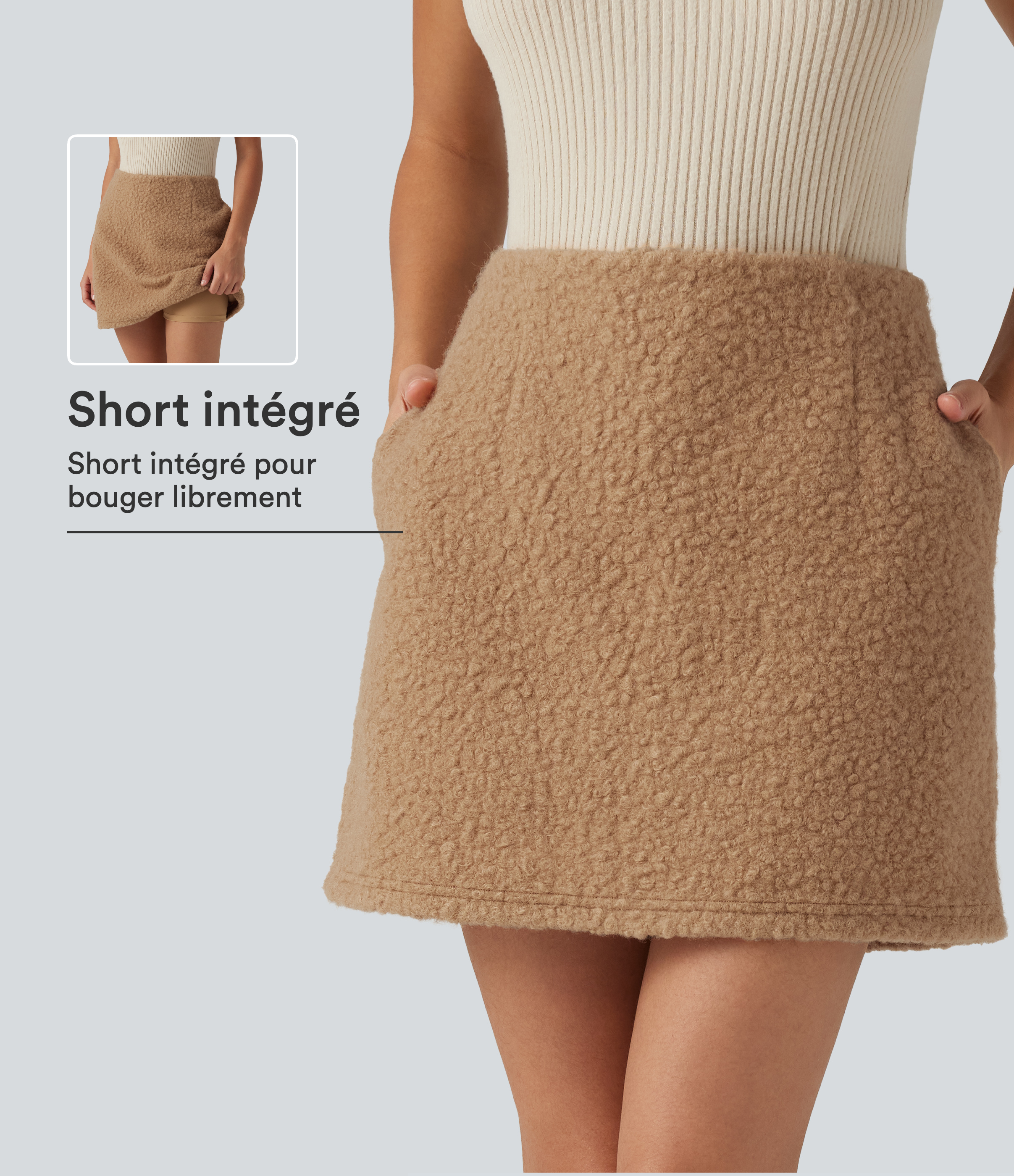 Jupe-short mini effet mouton taille haute coupe trapèze avec poches