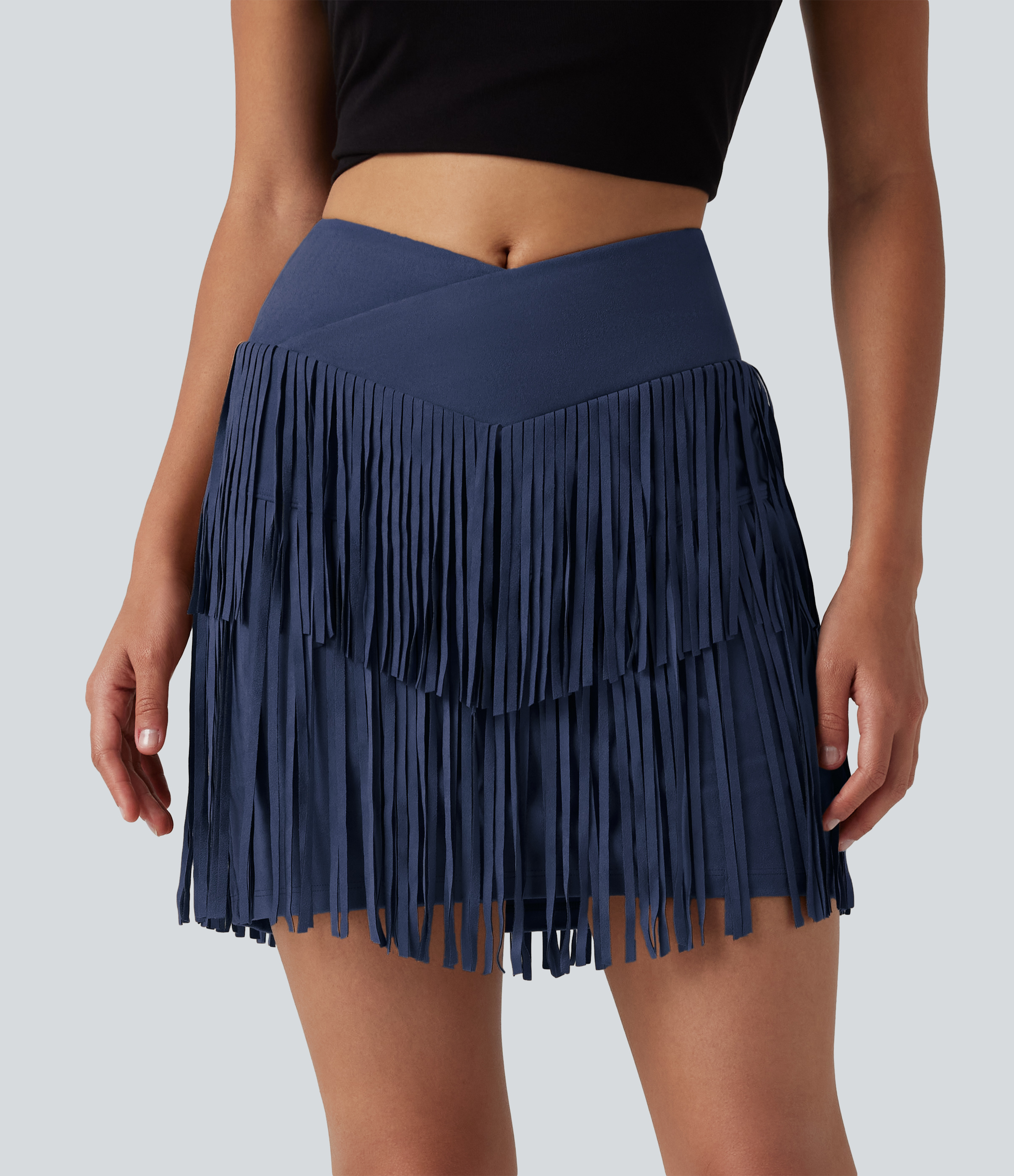 Crossover High Waisted 2-in-1 Fringe Hem Bodycon Mini Suede Party Skirt-Longer Length