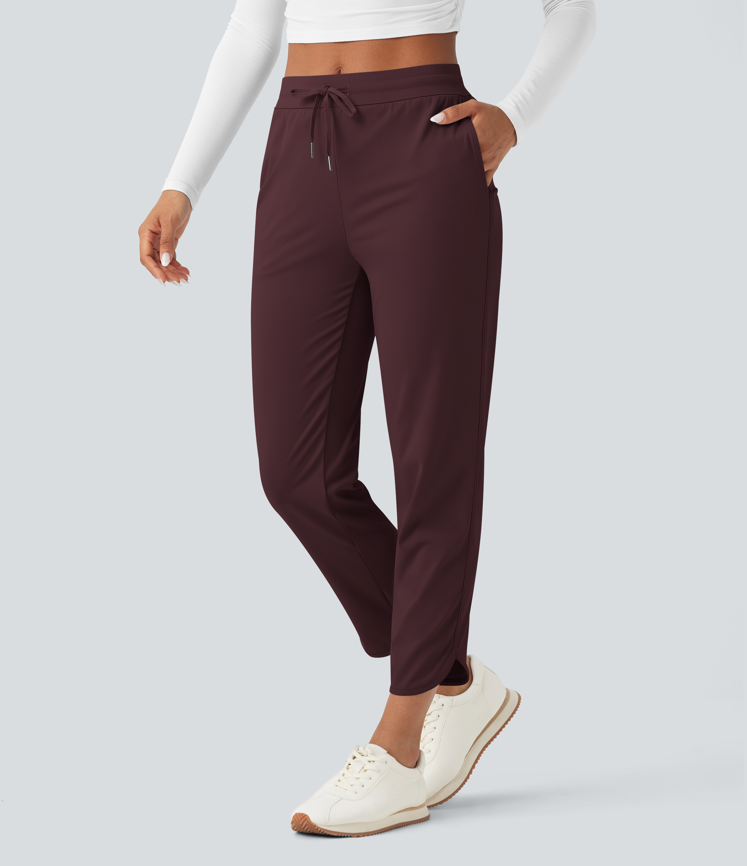 Mid Rise Drawstring Curved Hem Quick Dry Golf Tapered Pants with Pockets-UPF40+