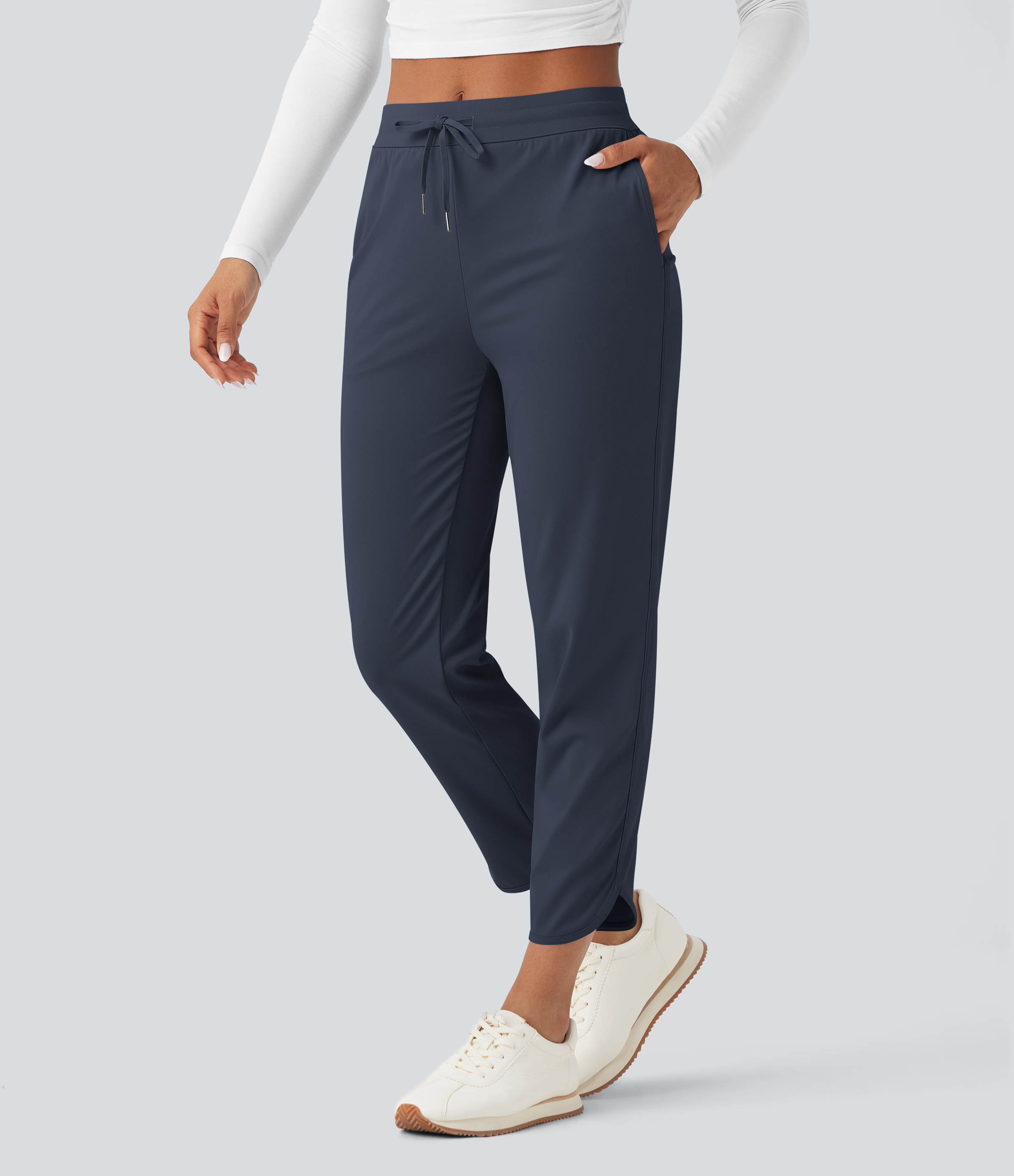 Pantalon de golf fuselé, taille mi-haute, cordon, ourlet courbé, séchage rapide, avec poches—UPF40+