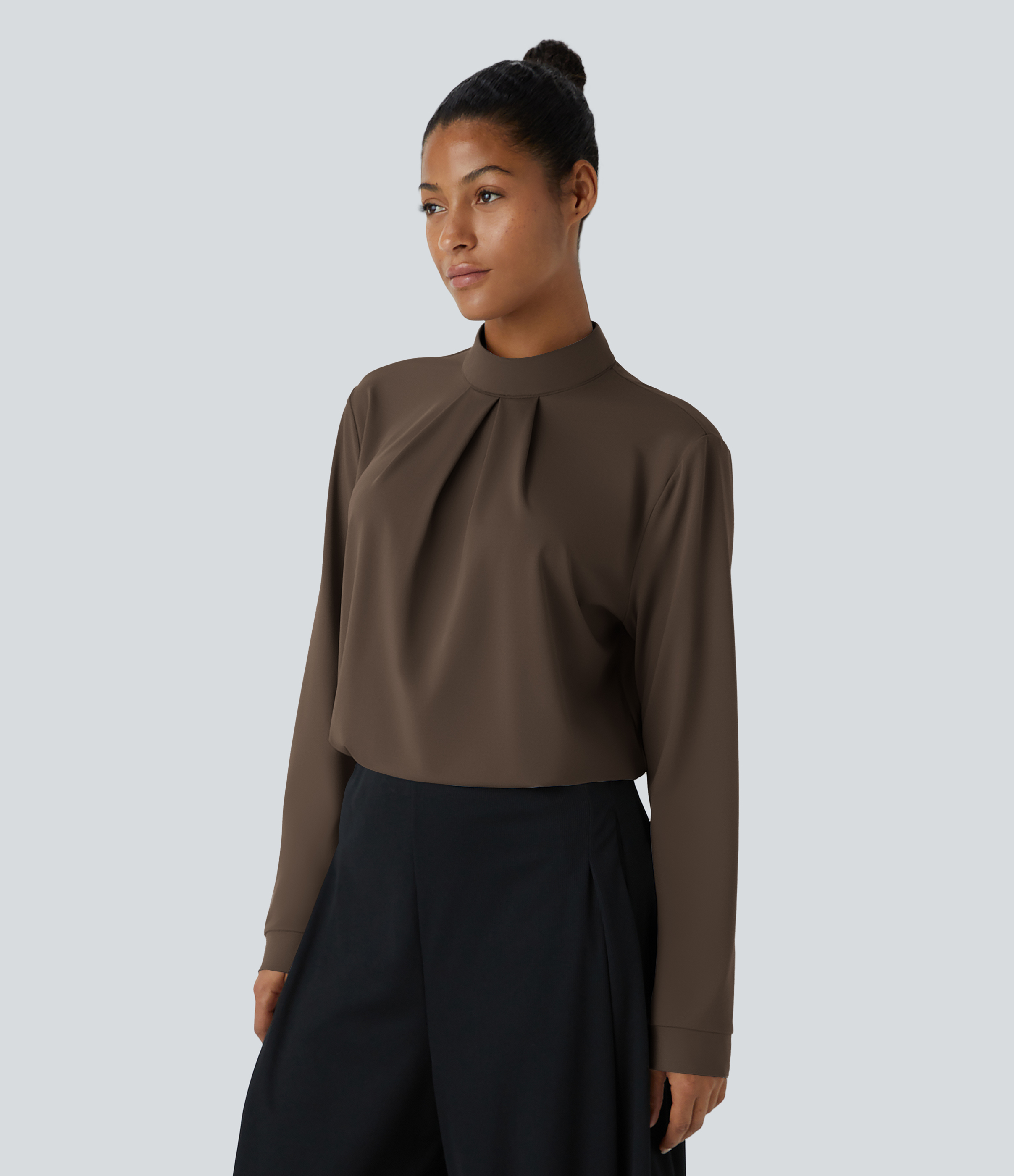 Chocolate Martini Stehkragen, gefaltete Knopfleiste auf der Rückseite, langärmelige Arbeitsbluse / 1