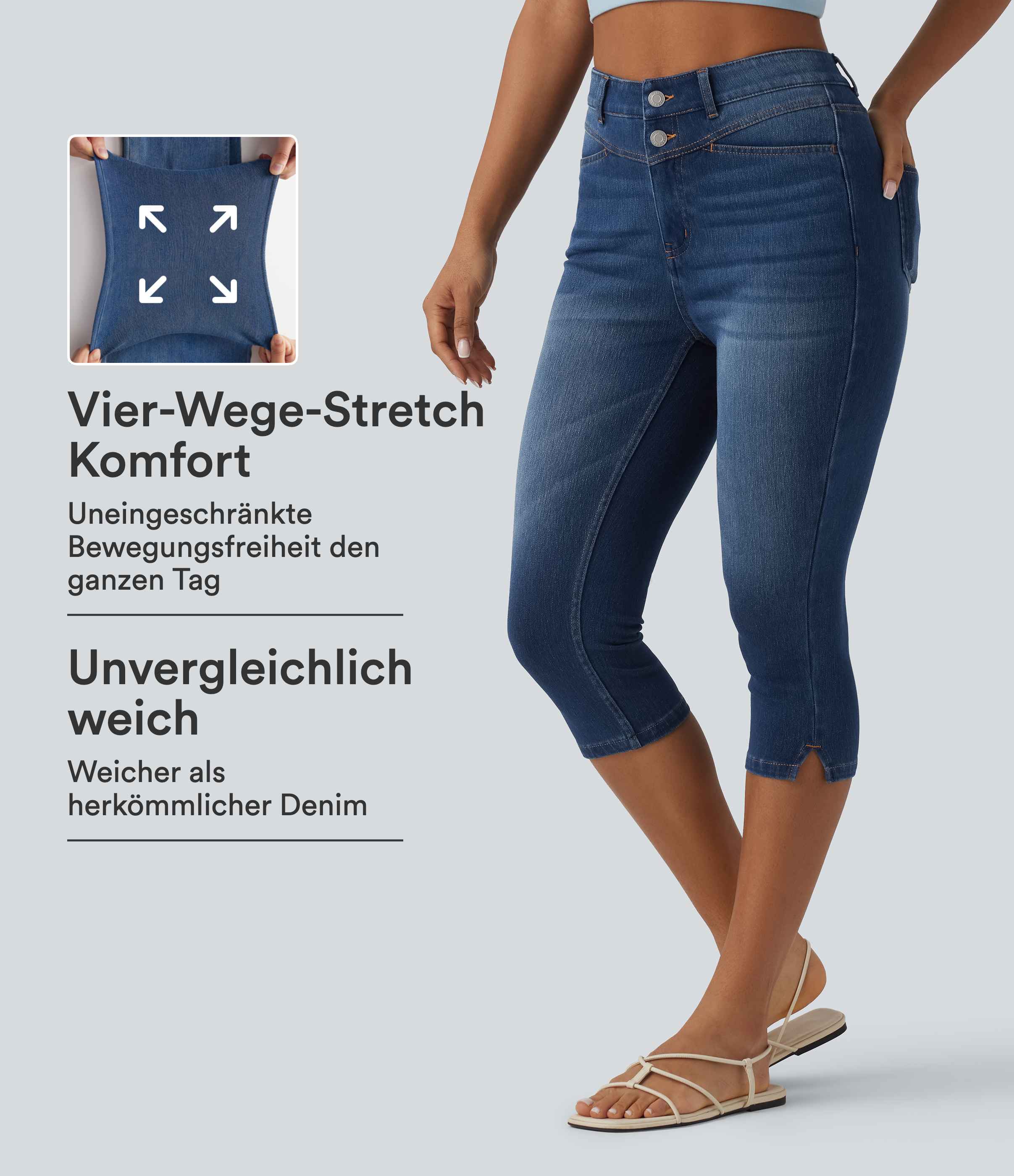 Halara Flex™ - Lässige Capri-Jeans mit hohem Bund, mehreren Taschen und geschlitztem Saum - slim