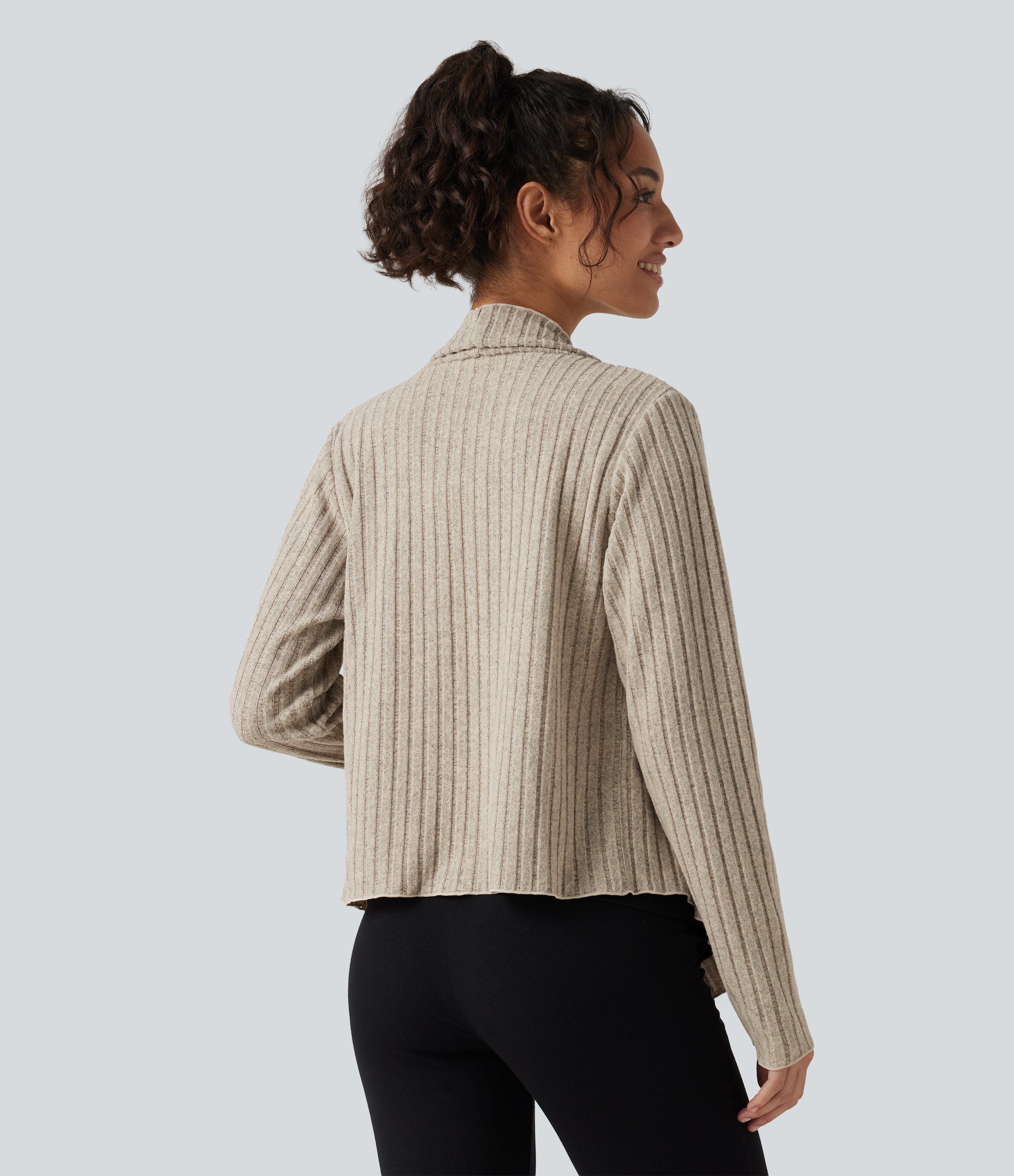 Ridge Sand Khaki Ribbed Knit Collared Open Front Long Sleeve Casual Cardigan / 2