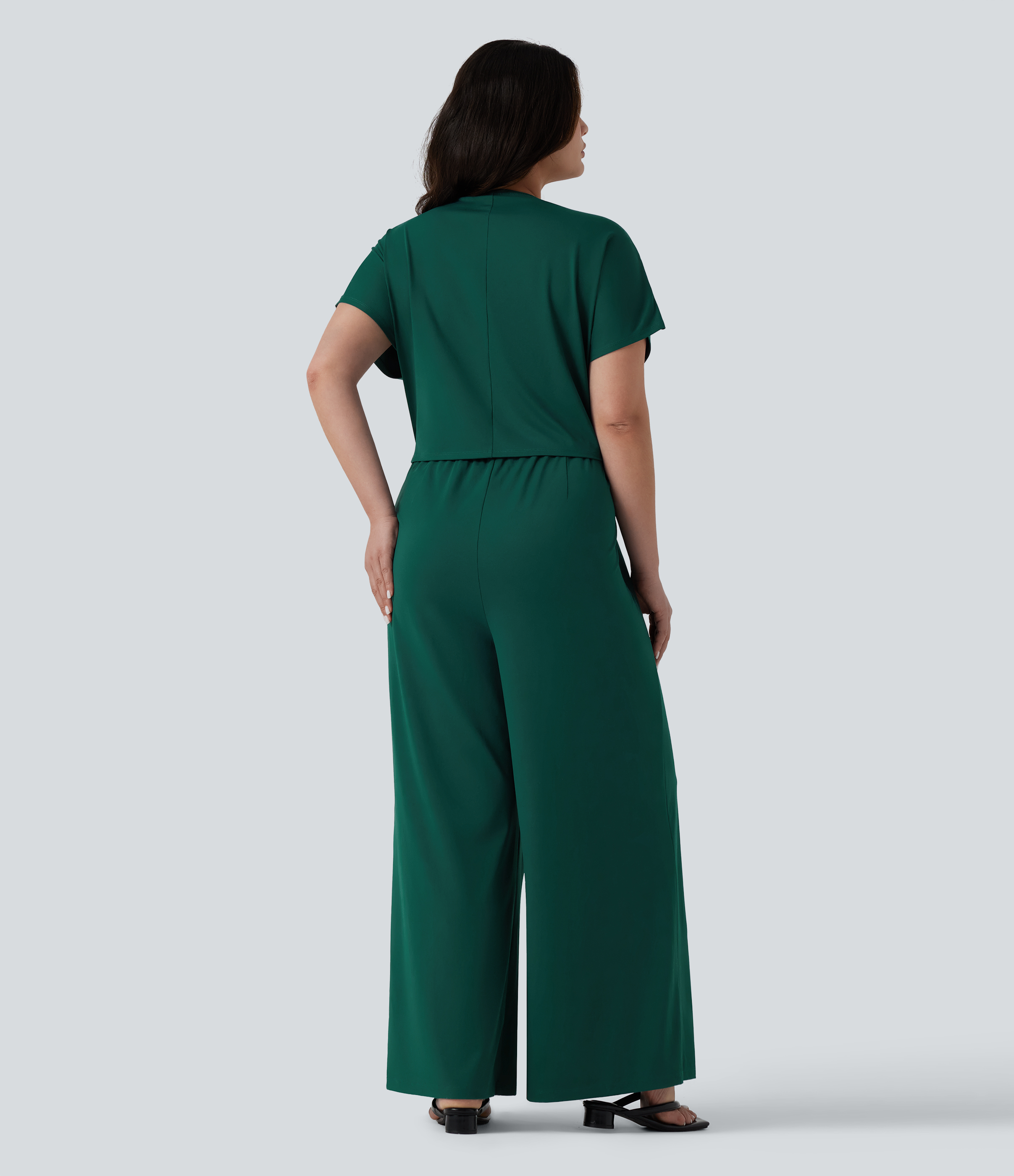 Rain Forest Plus Size V Neck Short Sleeve Wide Leg Casual Jumpsuit with Pockets-Easy Peezy Edition / 2