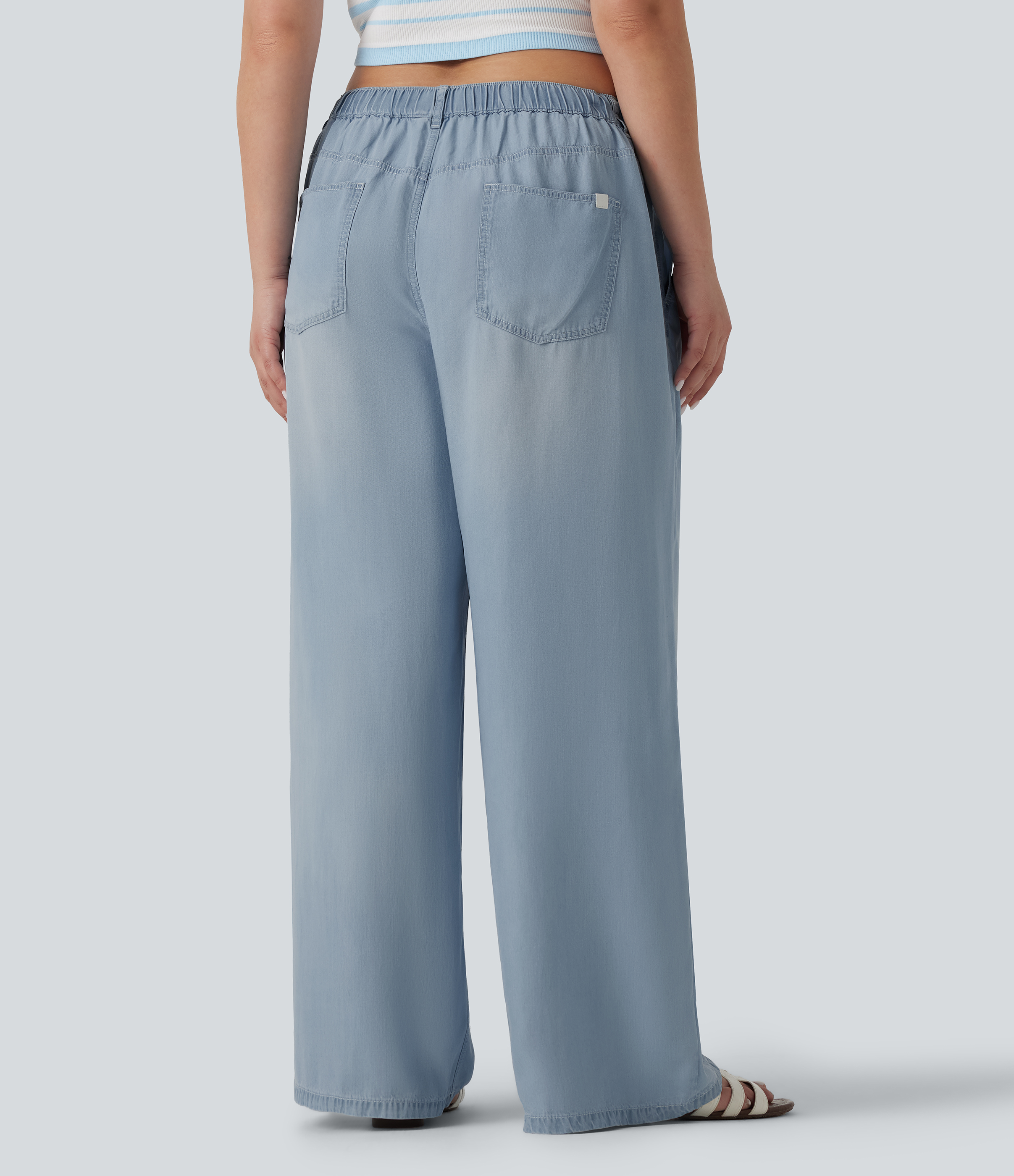 Malibu Blue Denim Plus Size Mid Rise Drawstring Casual Jeans with Pockets / 2