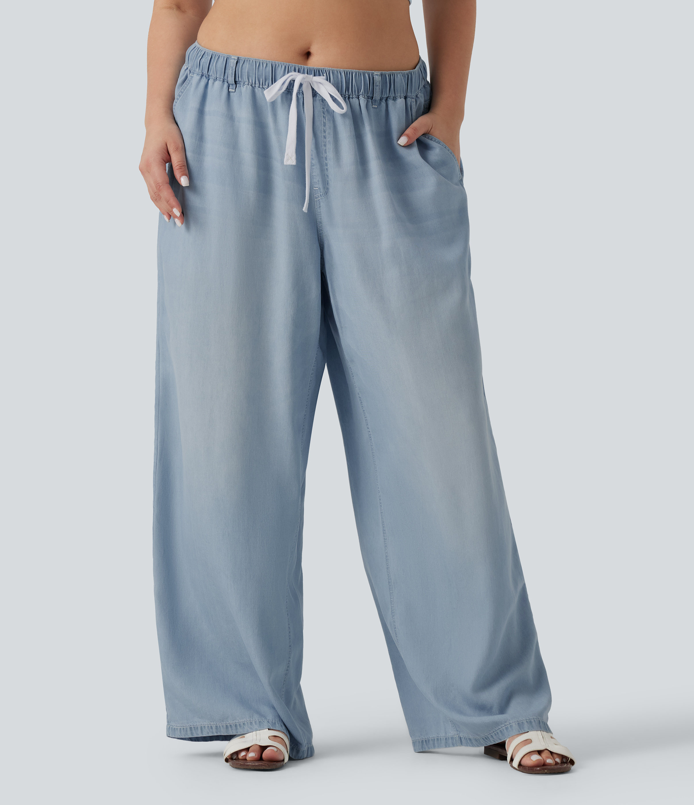 Plus Size Mid Rise Drawstring Casual Jeans with Pockets
