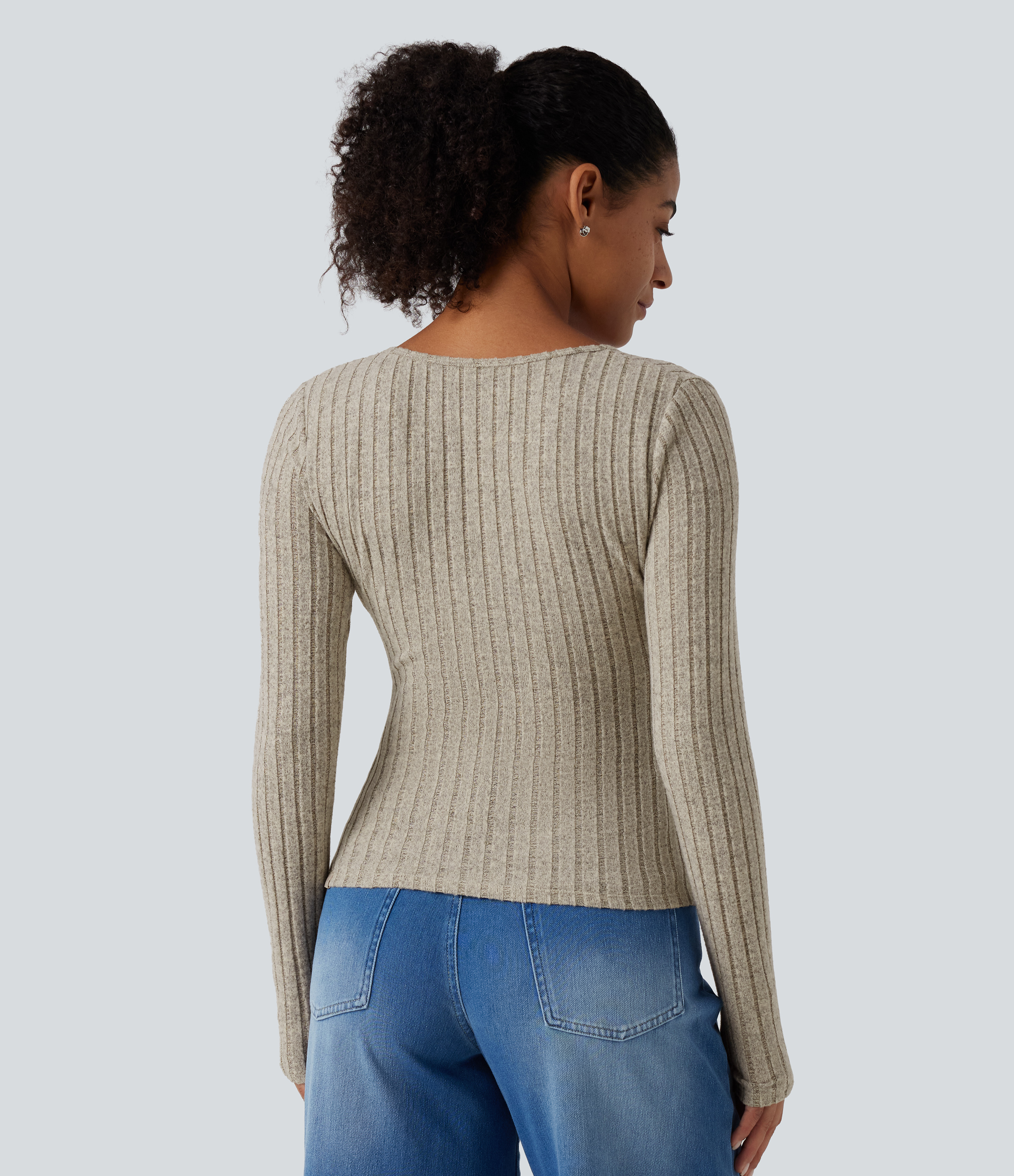 Warm Grey Floral Velvet Ribbed Knit V Neck Long Sleeve Asymmetric Crossover Ruched Casual Slim Top / 2