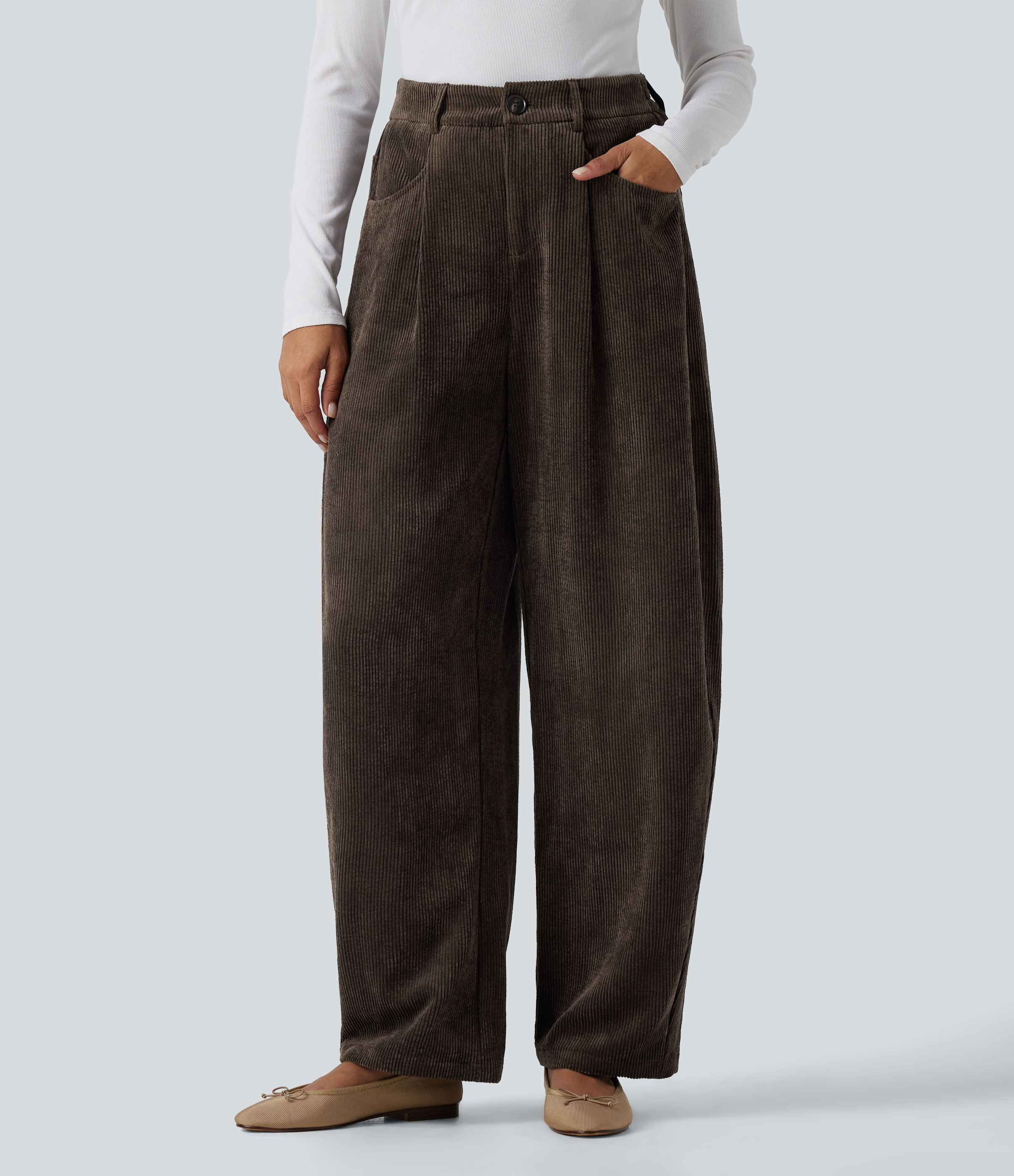 High Waisted Barrel Leg Corduroy Casual Pants with Pockets