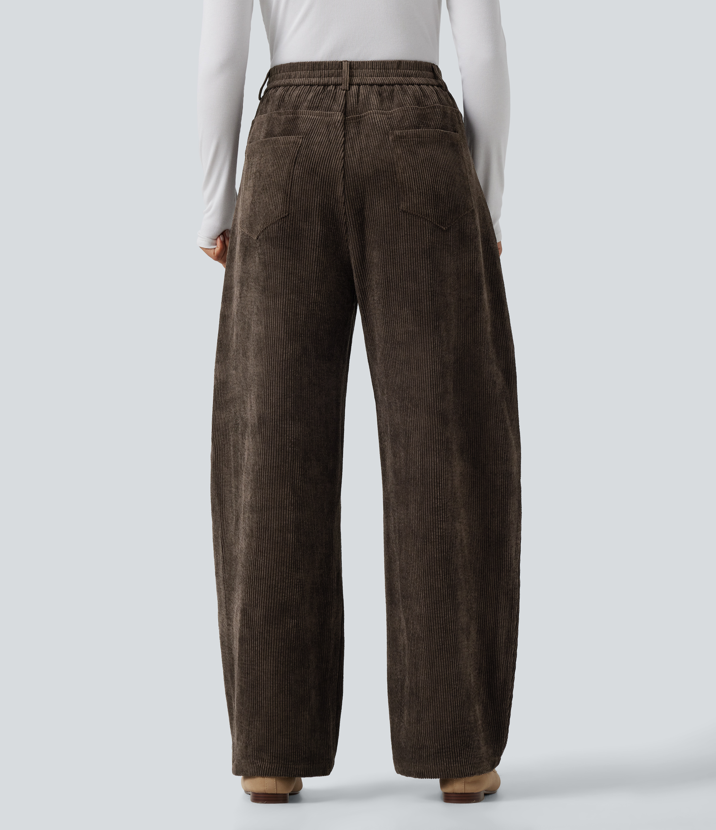 Coffee Bean Pantalon décontracté taille haute à coupe ballon en velours côtelé, avec poches / 2