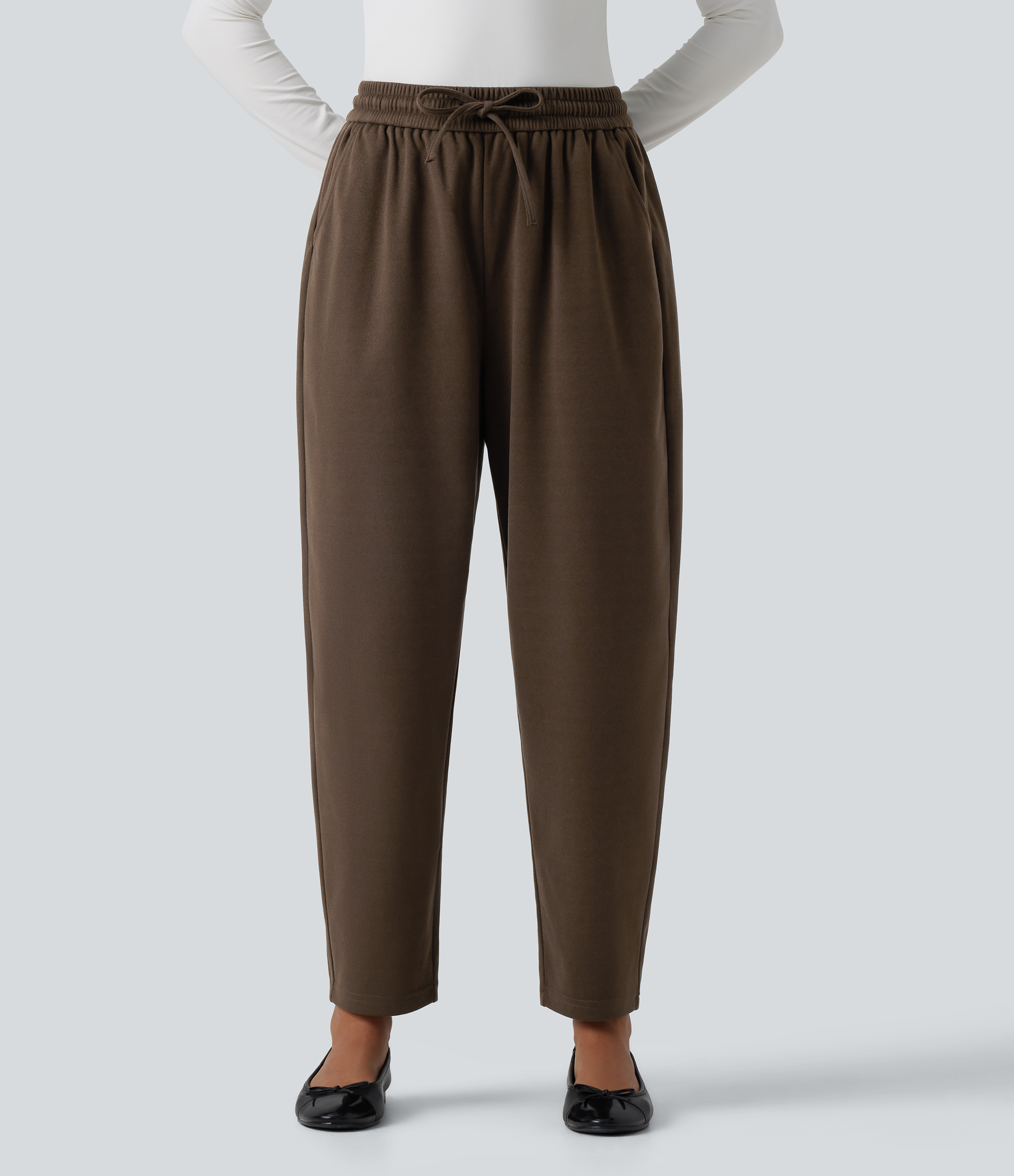 High Waisted Drawstring Tapered Work Pants with Pockets