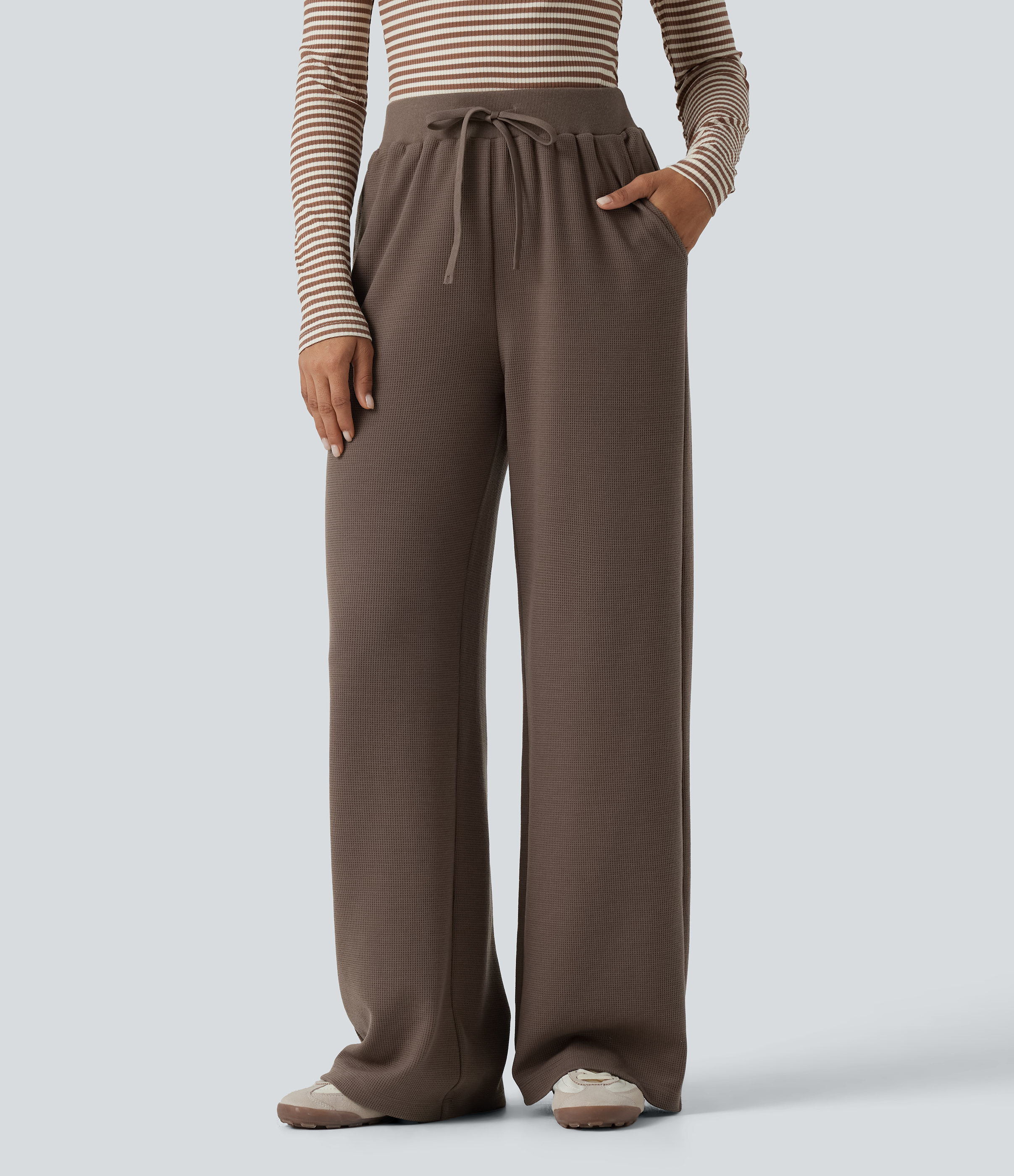 Waffle High Waisted Drawstring Straight Leg Casual Pants with Pockets
