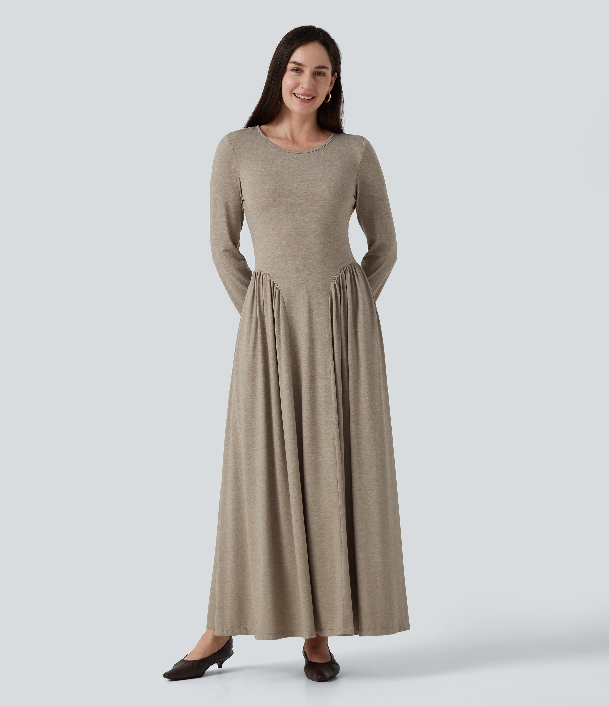 Round Neck Long Sleeve A-Line Work Maxi Dress with Pockets