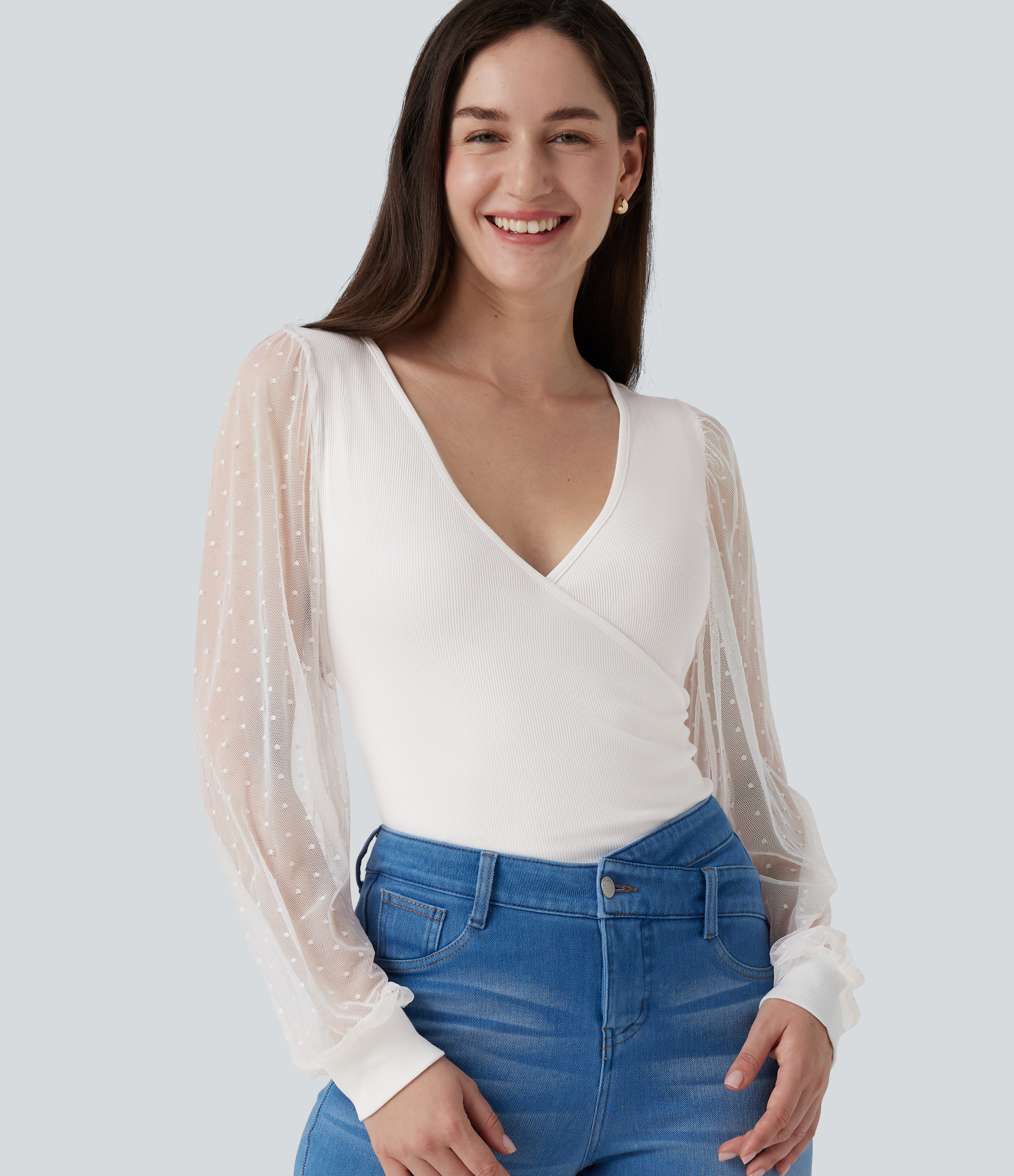 V Neck Long Sleeve Polka Dot Contrast Mesh Casual Blouse