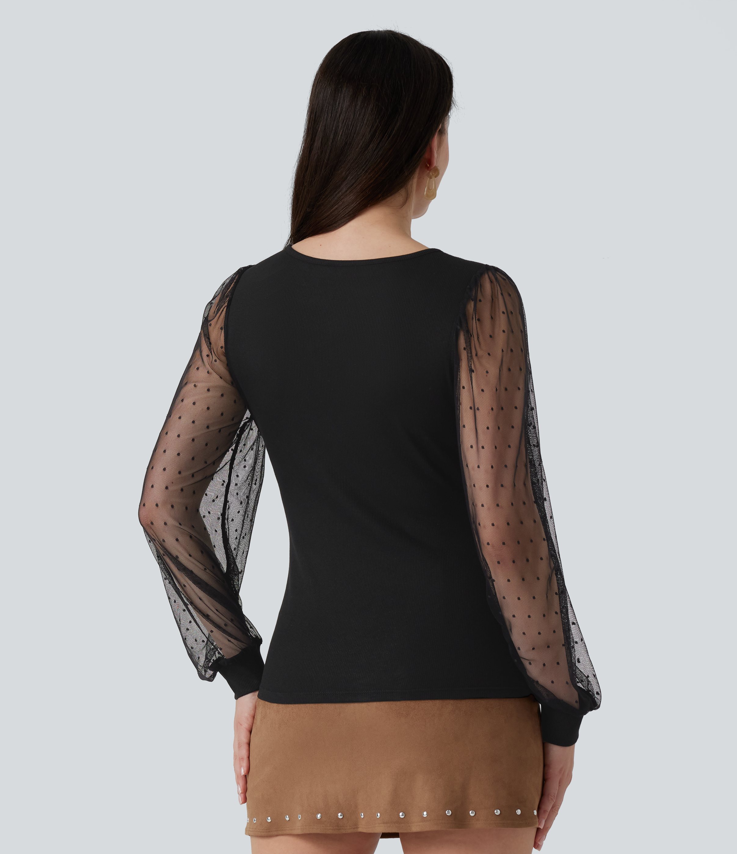 Black Blouse à encolure en V, manches longues, pois et mesh contrasté / 2