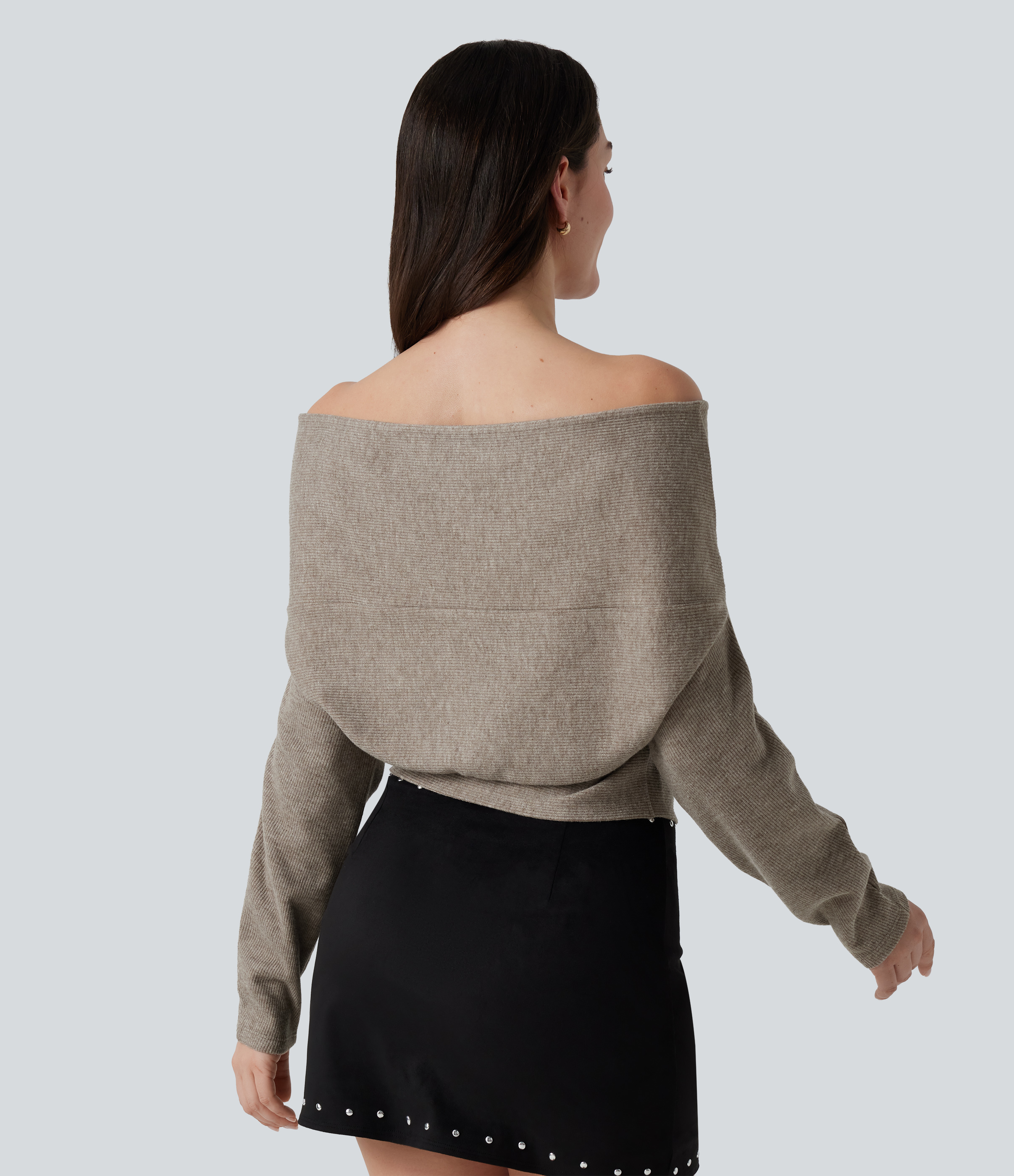  Taupe Stripe Off Shoulder Batwing Long Sleeve Asymmetric Casual Top / 2