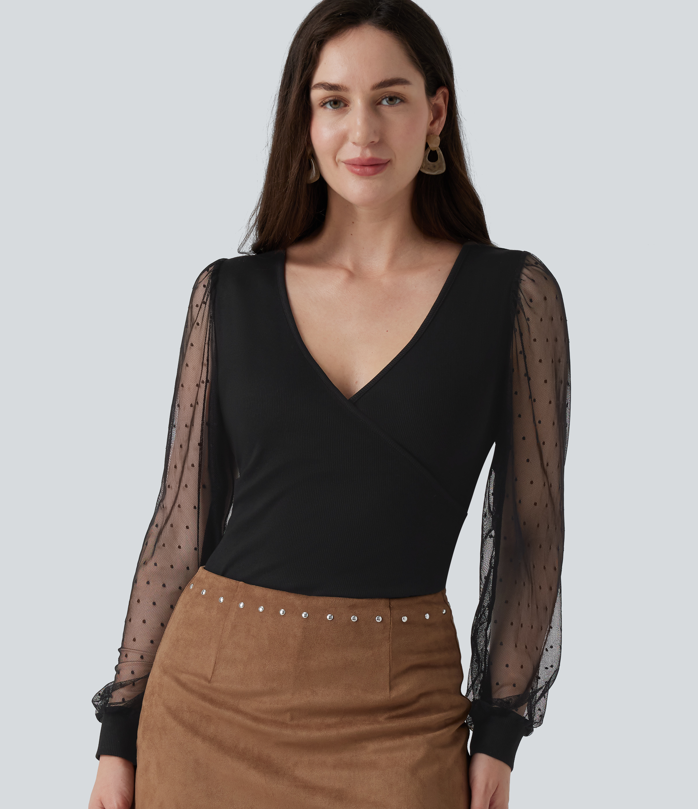 V Neck Long Sleeve Polka Dot Contrast Mesh Casual Blouse