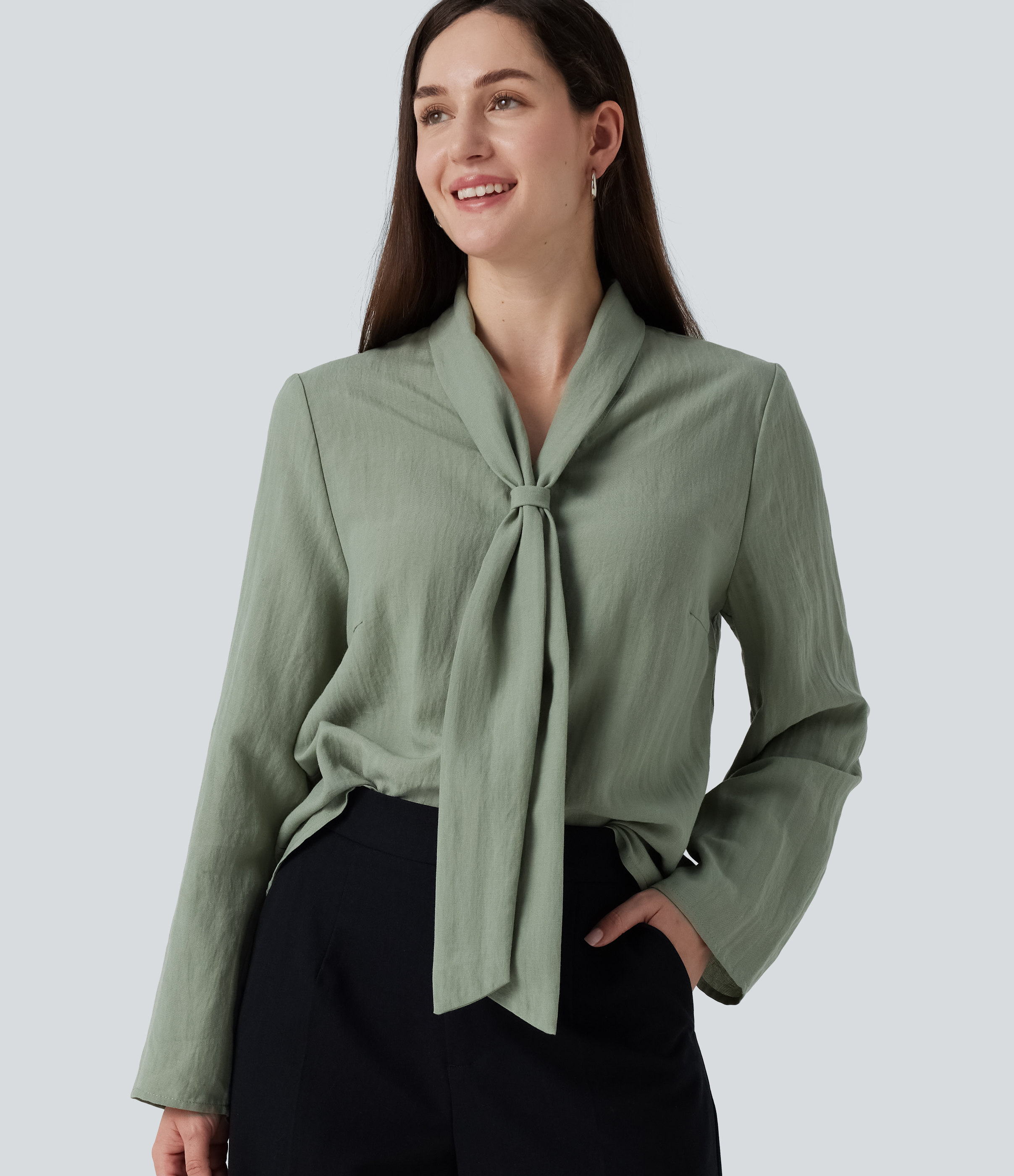V Neck Long Sleeve Linen-Feel Work Tie Blouse