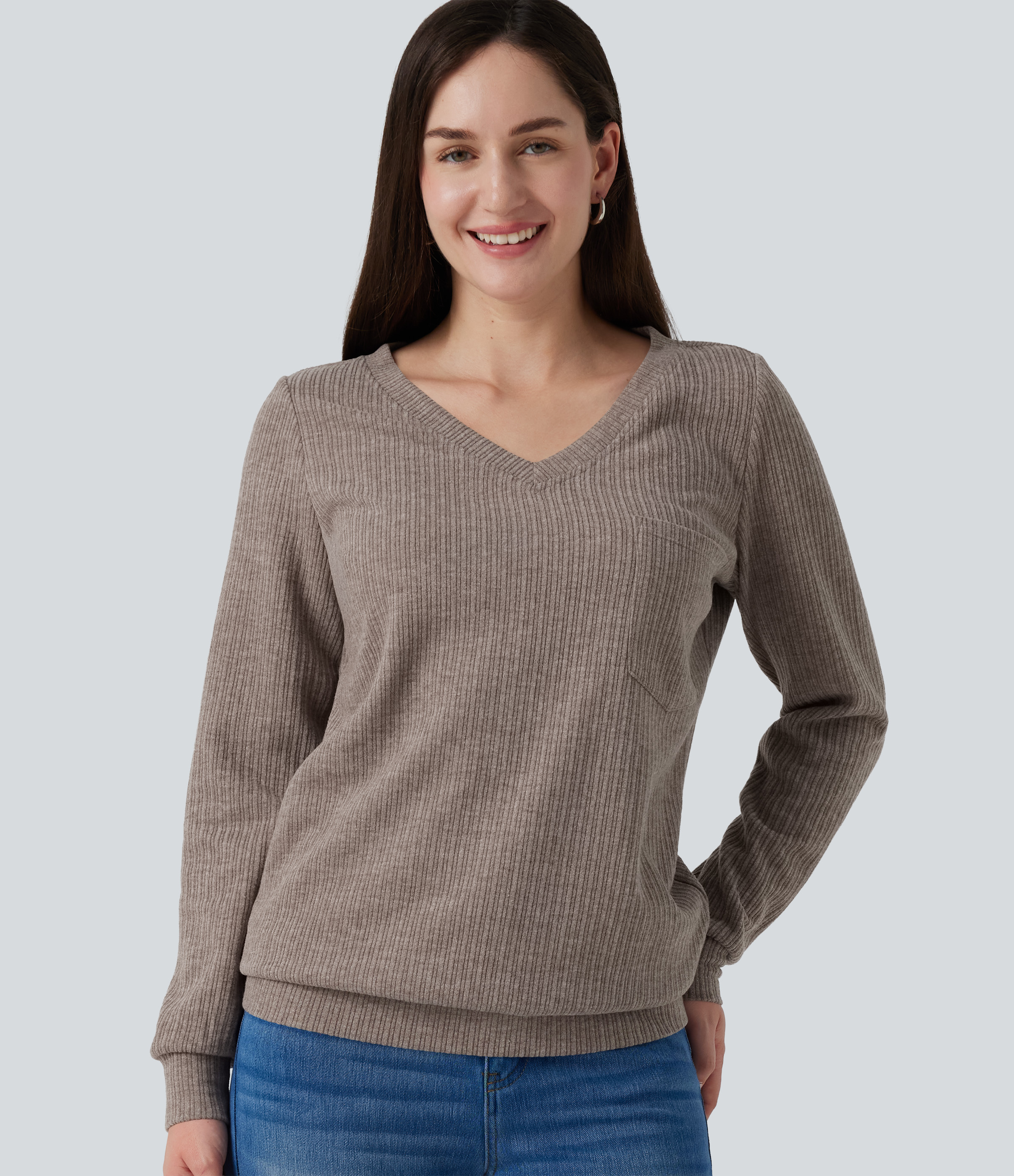 V Neck Long Sleeve Casual Top with Chest Pocket