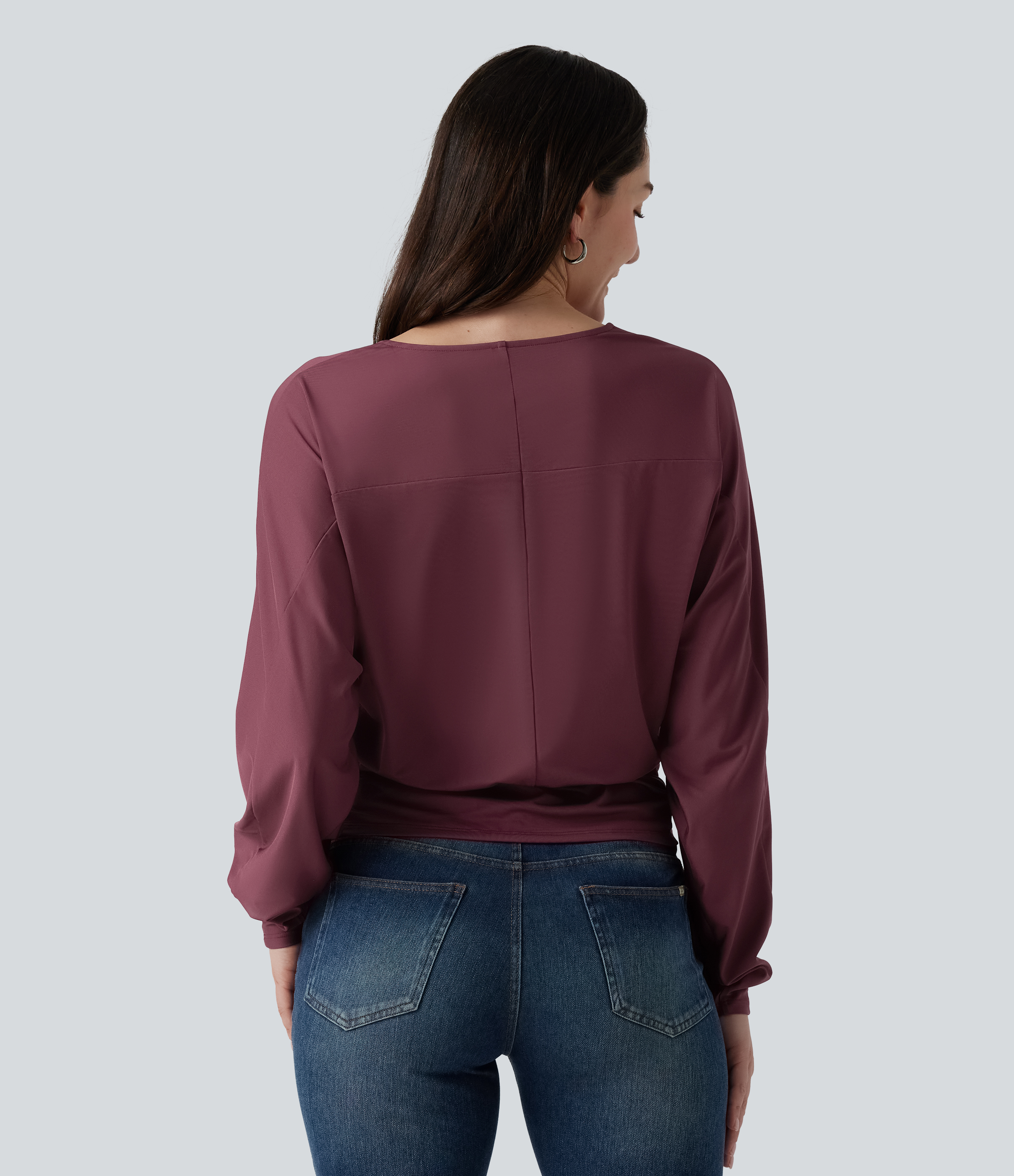 Tawny Port V Neck Batwing Long Sleeve Twisted Casual Top / 2