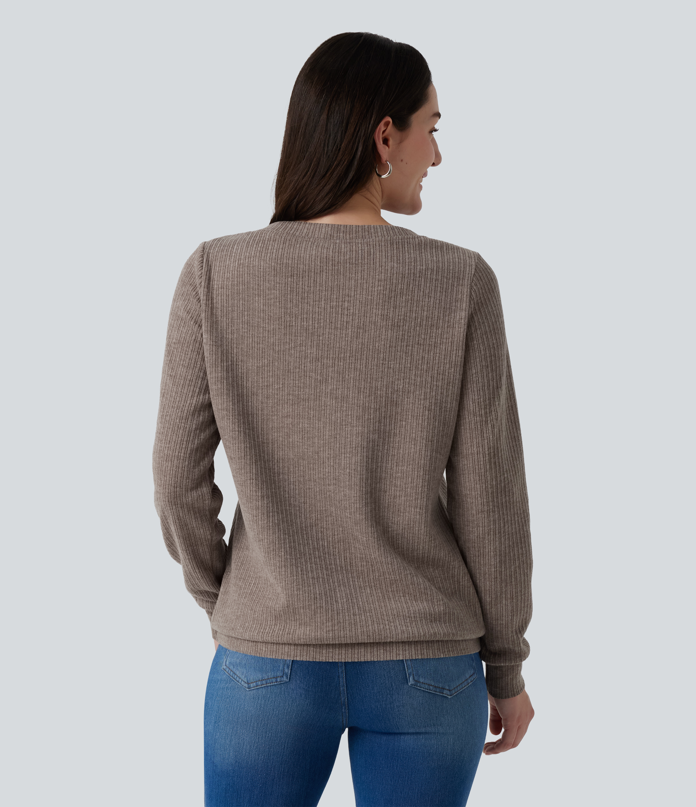 Mocha Meringue V Neck Long Sleeve Casual Top with Chest Pocket / 2