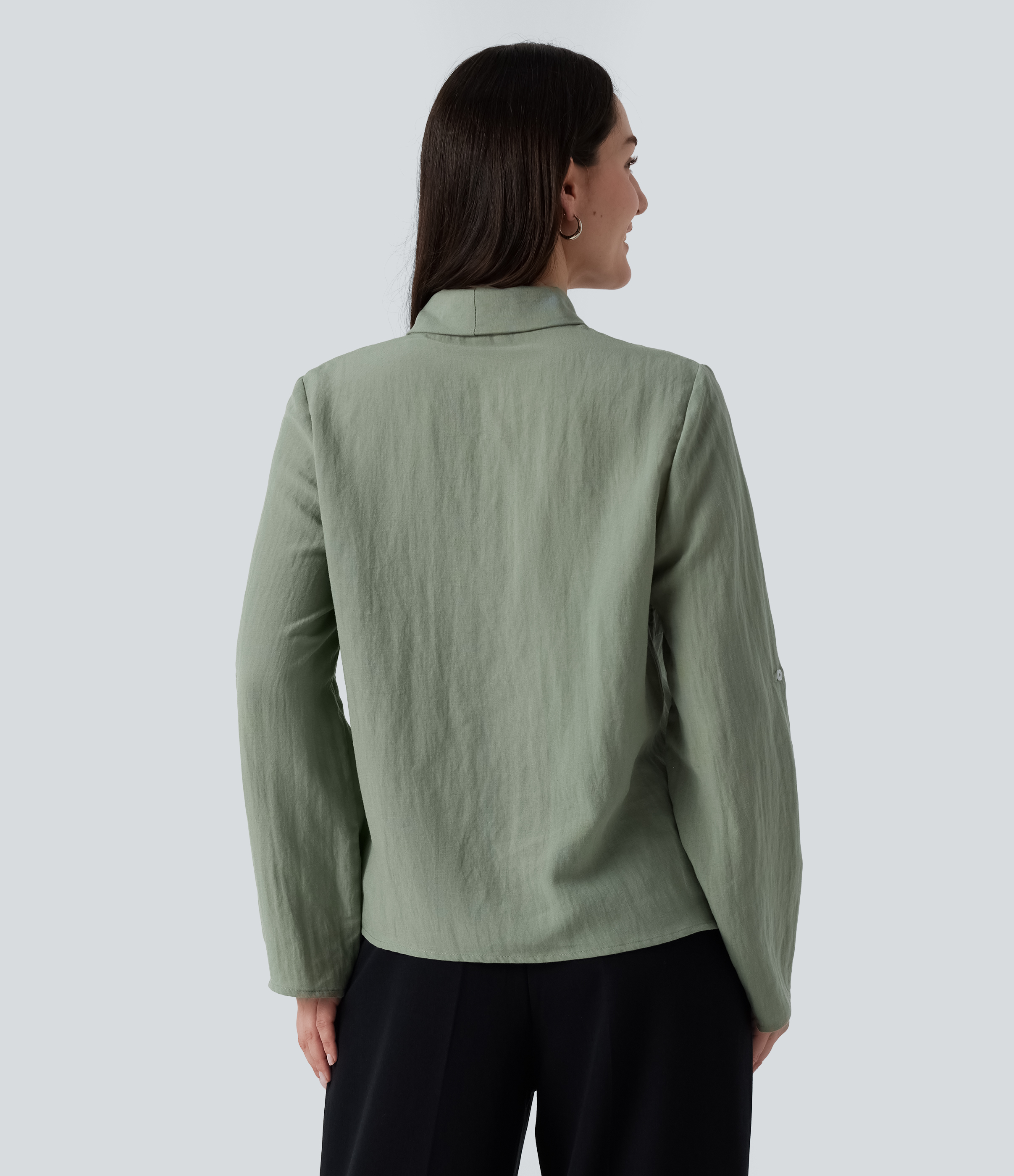 Hedge Green V-Ausschnitt, langärmelige Bluse in Leinenoptik mit Bindeband für die Arbeit / 2