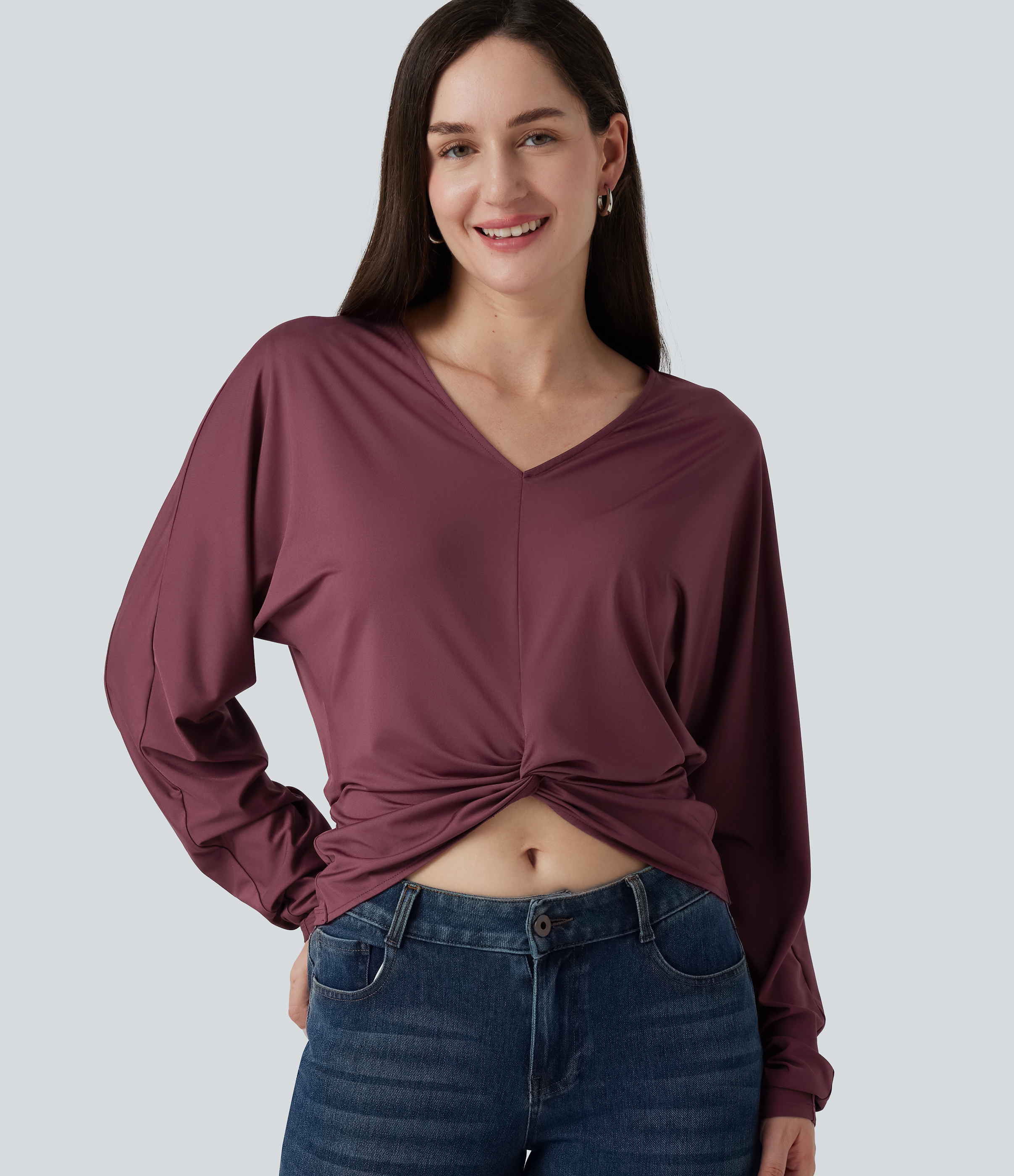 V Neck Batwing Long Sleeve Twisted Casual Top