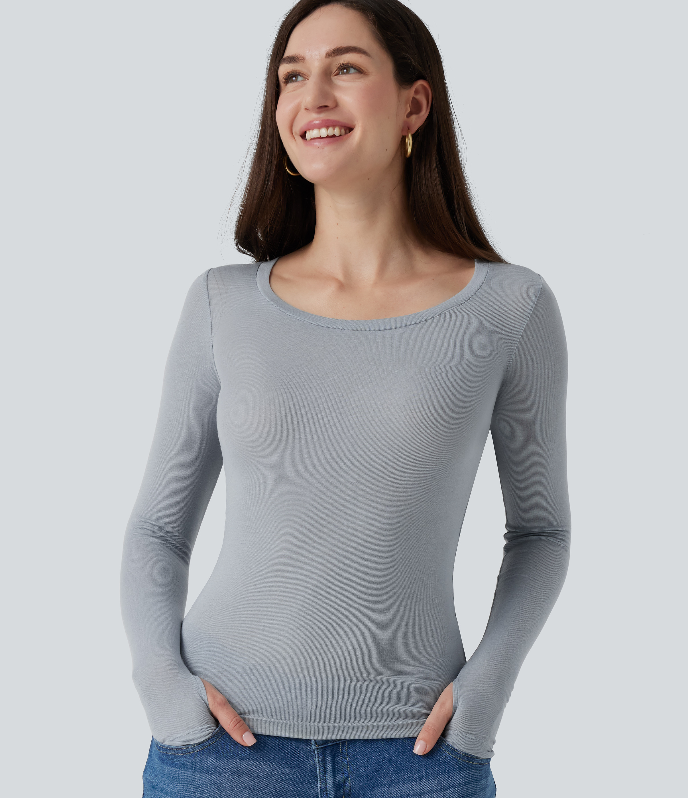 Round Neck Long Sleeve Wool Lounge T-Shirt with Thumbholes
