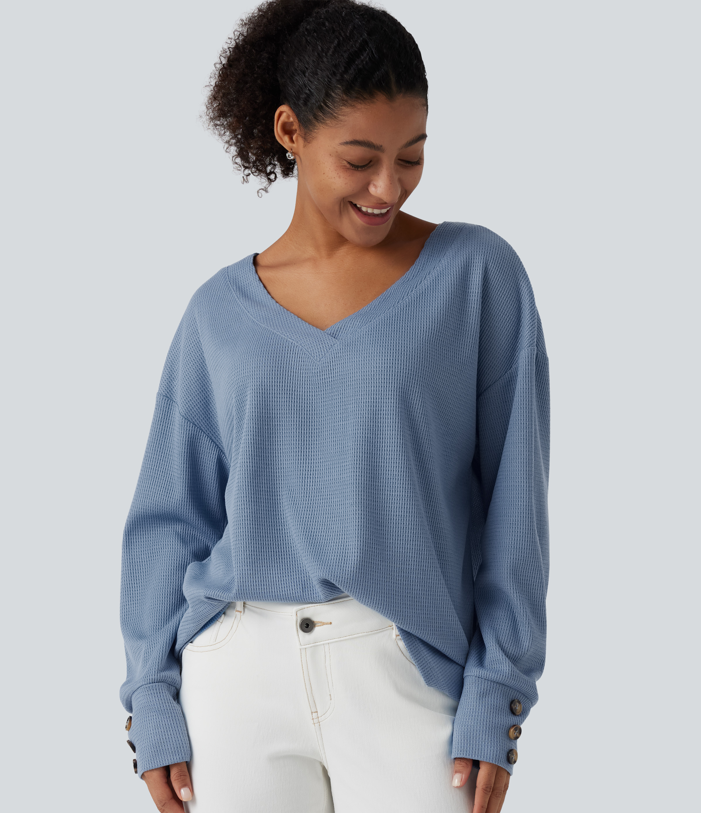 V Neck Long Sleeve Waffle Casual Top
