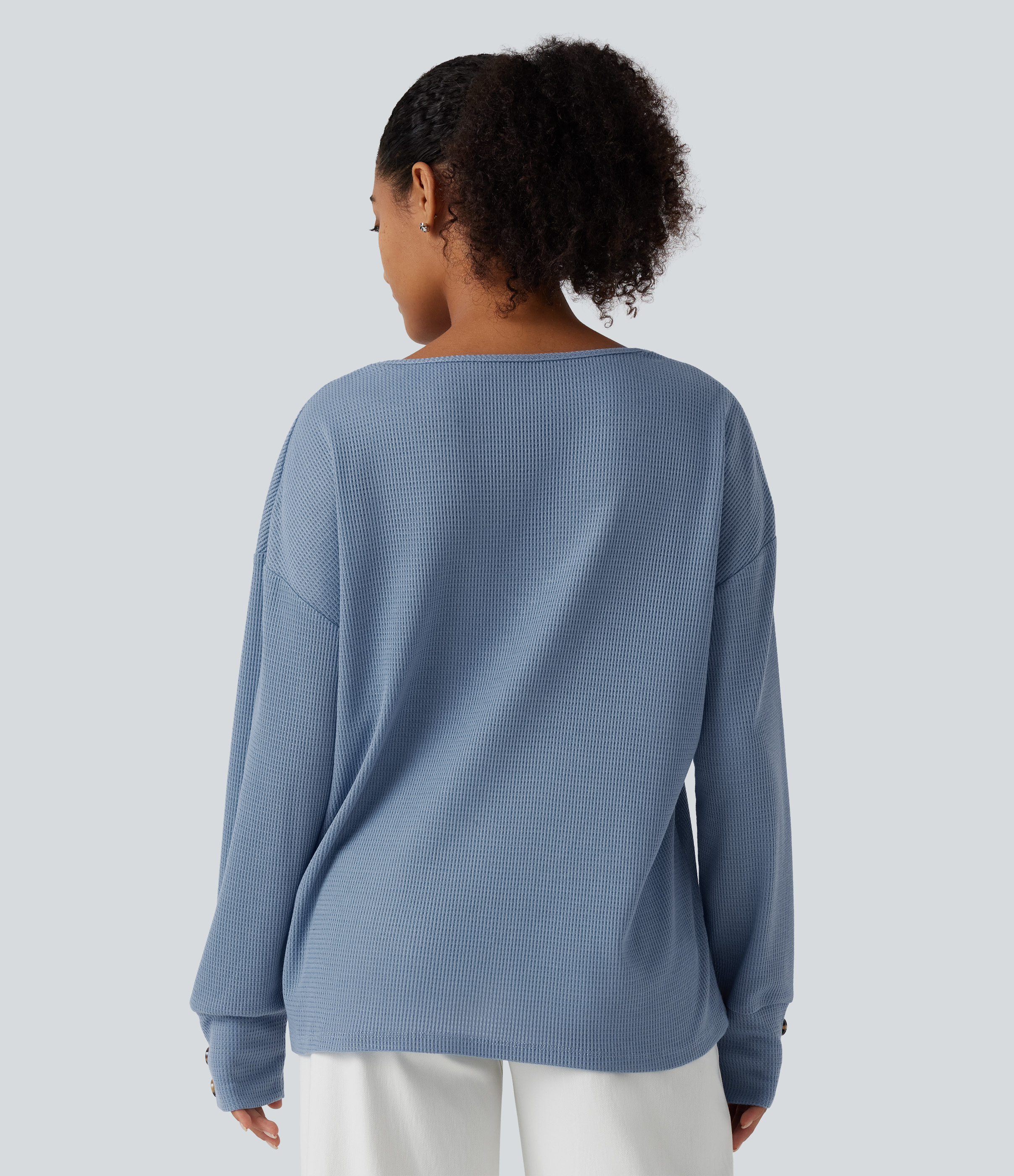 Soft Chambray V Neck Long Sleeve Waffle Casual Top / 2