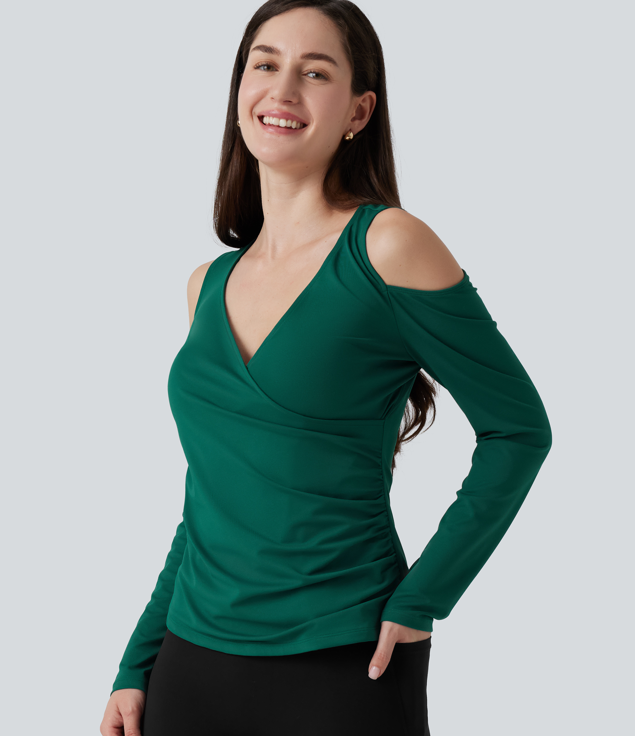V Neck Long Sleeve Crossover Ruched Casual Top